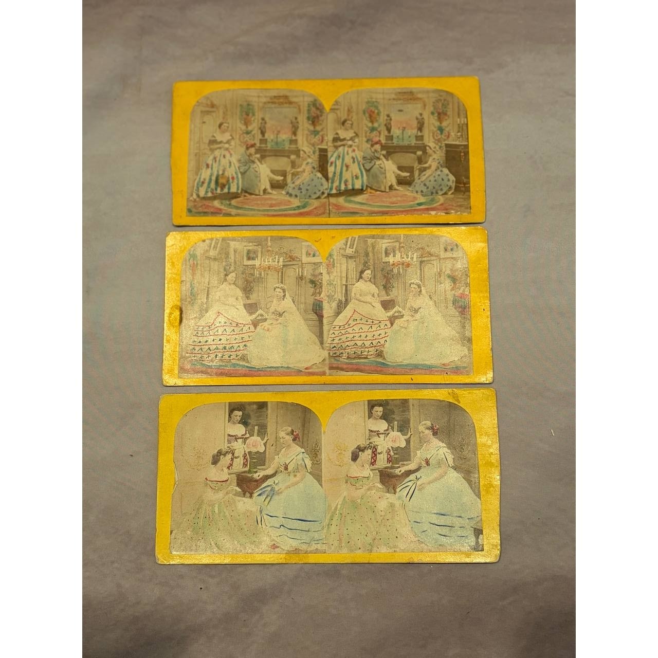 1860s Hand Tinted Stereoview Lot 3 Victorian Ladies Parlor Fashion Genre