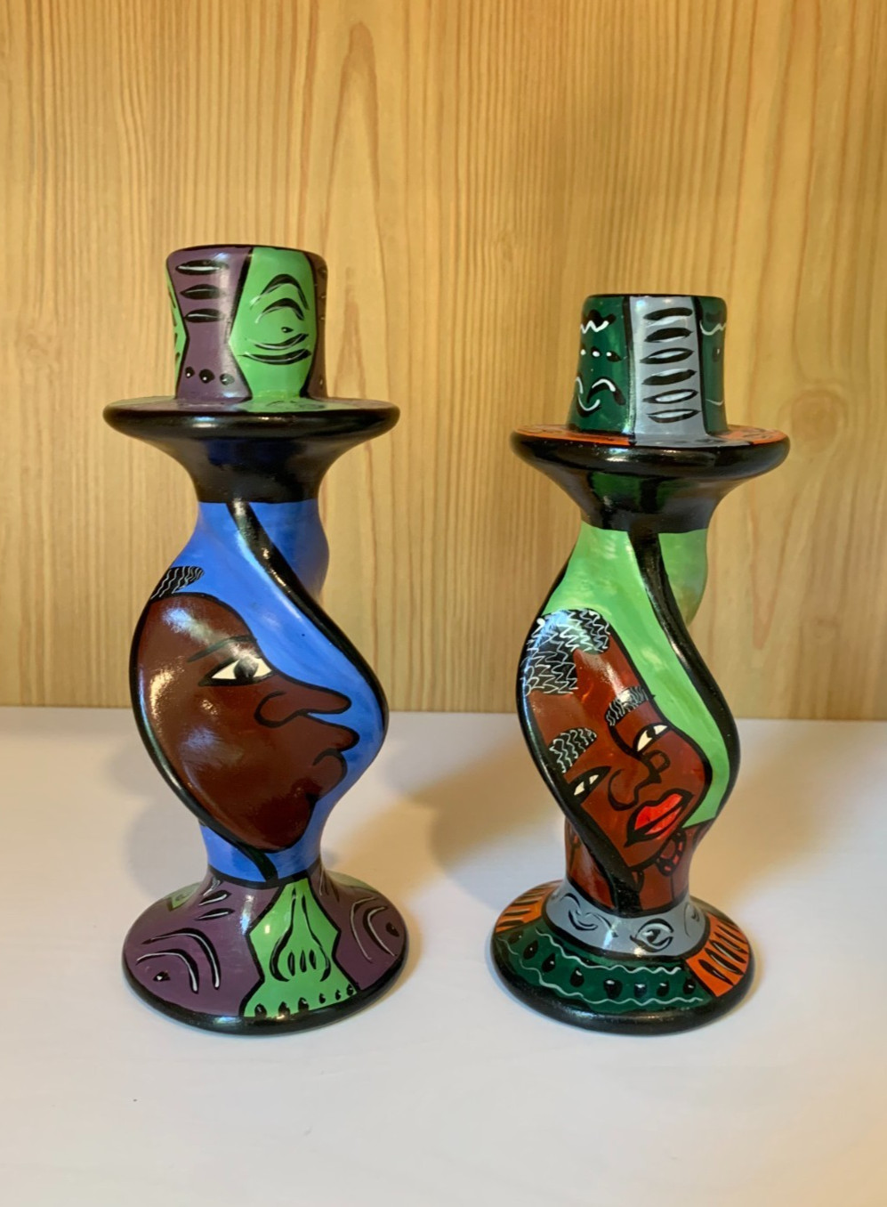 Set of 2 Carved Soapstone Hand Painted Taper Candle Holders