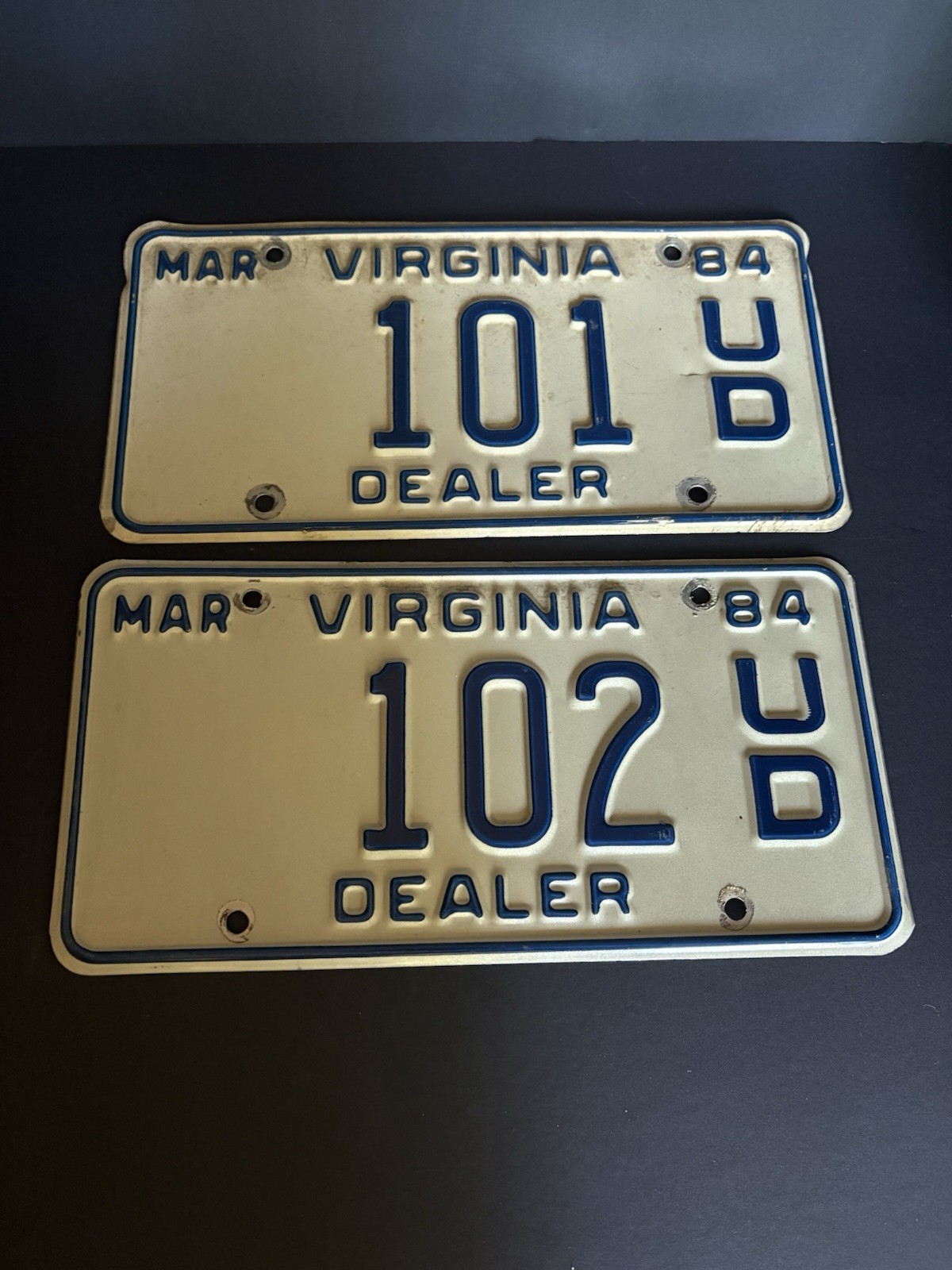 Vintage 1984 Virginia Dealer License Plate Pair Matching Consecutive #101 #102