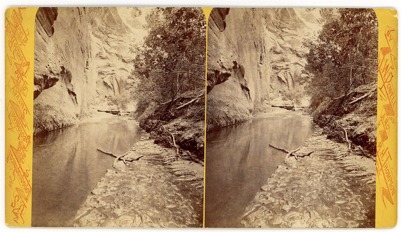 UTAH STEREOVIEW - Virgin River - Birch on the Rock - JK Hillers (Powell Exped)