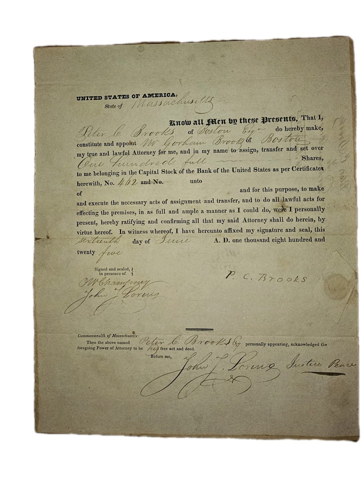 1825 Peter C. Brooks Signed Stock Transfer – Bank of the United States, Boston