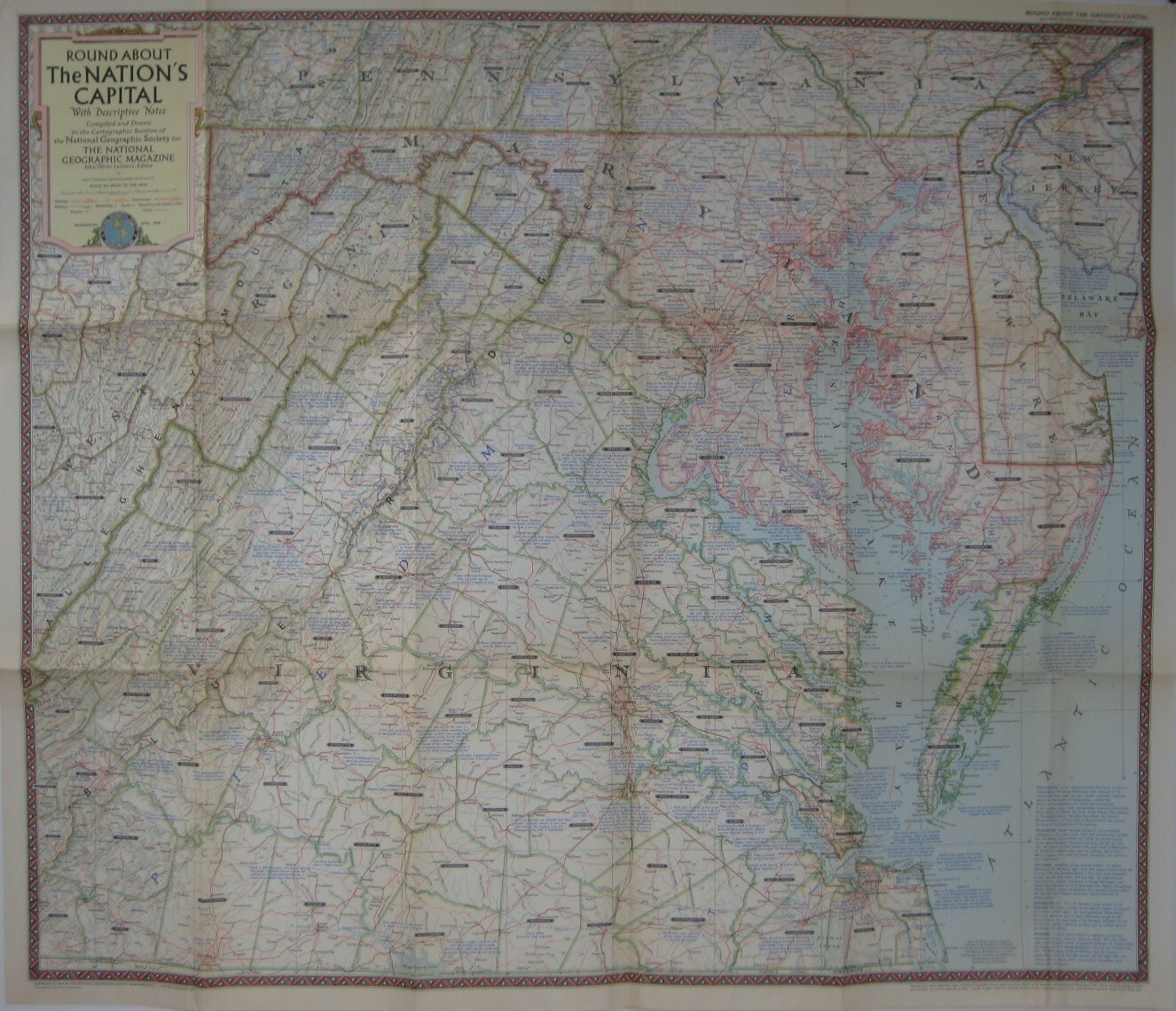1956 Wall Map WASHINGTON DC West Virginia Maryland Delaware Roads Battlefields
