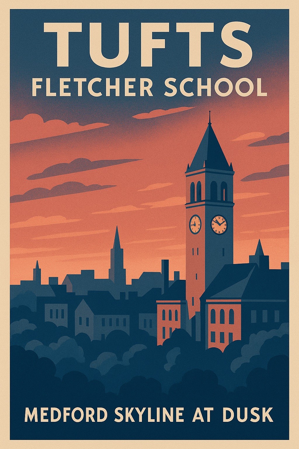 Tufts Fletcher School Poster - Medford Skyline at Dusk 🌇 24x36” - Vintage