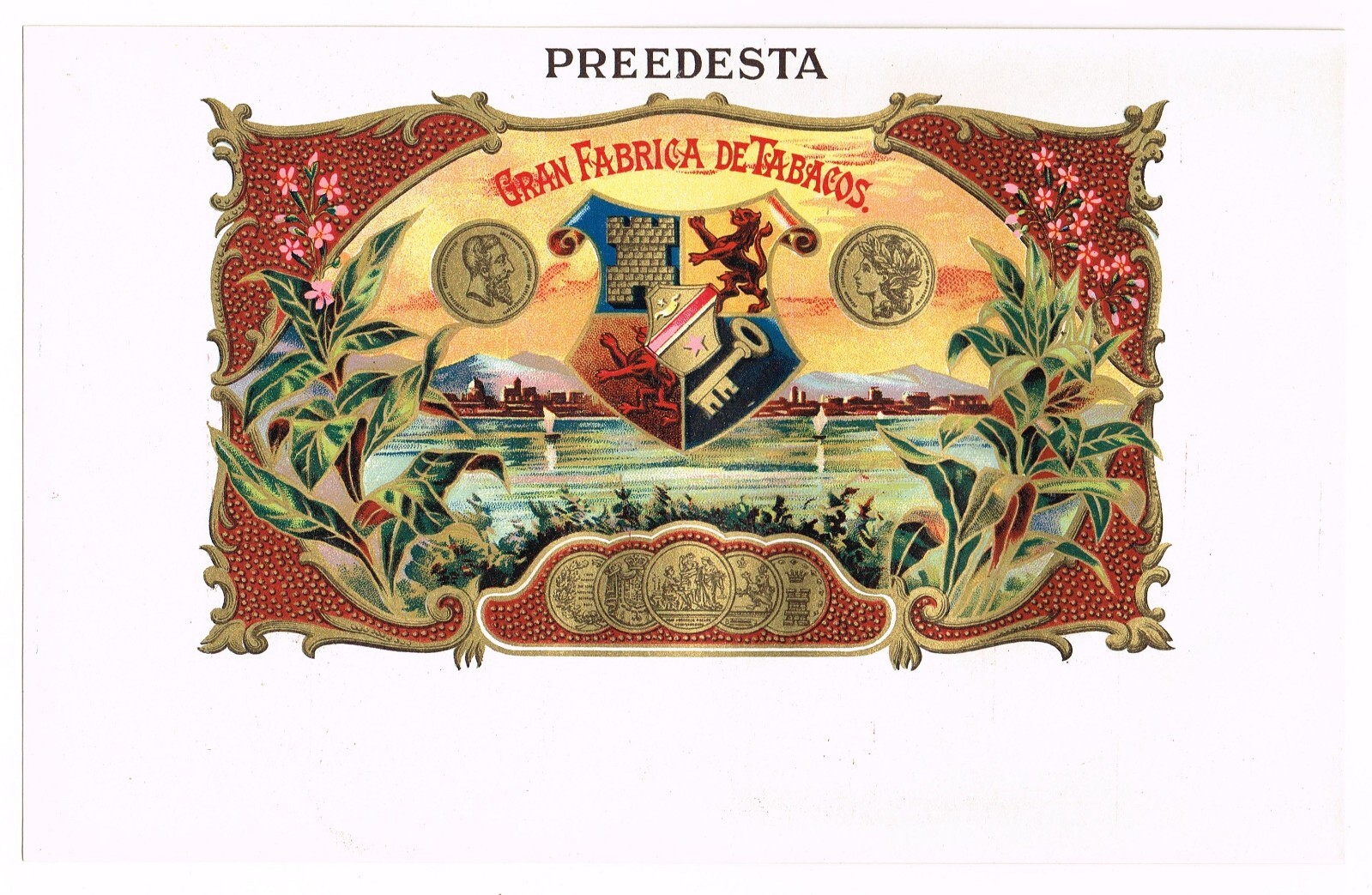 ORIGINAL C1900 CIGAR BOX LABEL ANTIQUE SCARCE PREEDESTA BAY SHIELD CREST BOATS