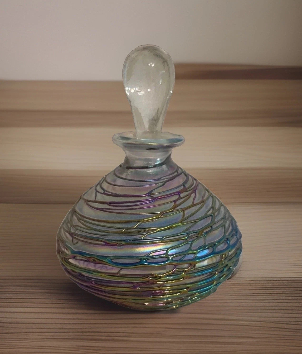 Vintage Rueven Nouveau Art Glass Perfume Bottle Iridescent Swirl Stopper USA