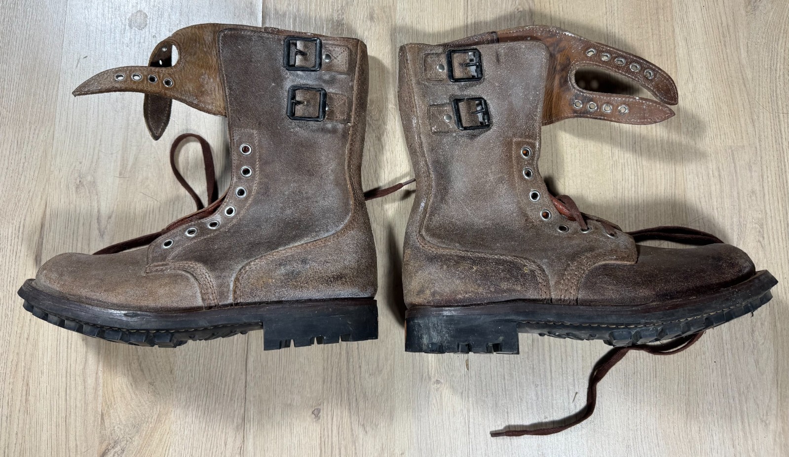 Vintage French Army Field Combat Brown Leather Double Buckle Boots Indochina Vintage French Army Field Combat Brown Leather Double Buckle Boots Indochina