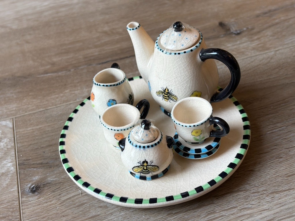 Vintage Miniature Bee Tea Set 10 Pc Crackle Glaze Floral Ceramic Tea Party Set