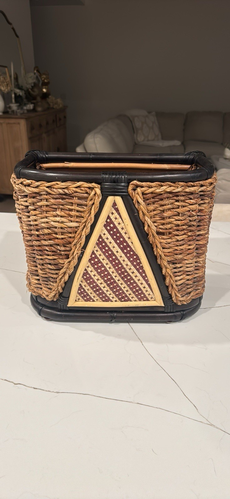 Title: Vintage MacKenzie-Childs Ajiro Rattan Wicker Basket Geometric 15” Rare