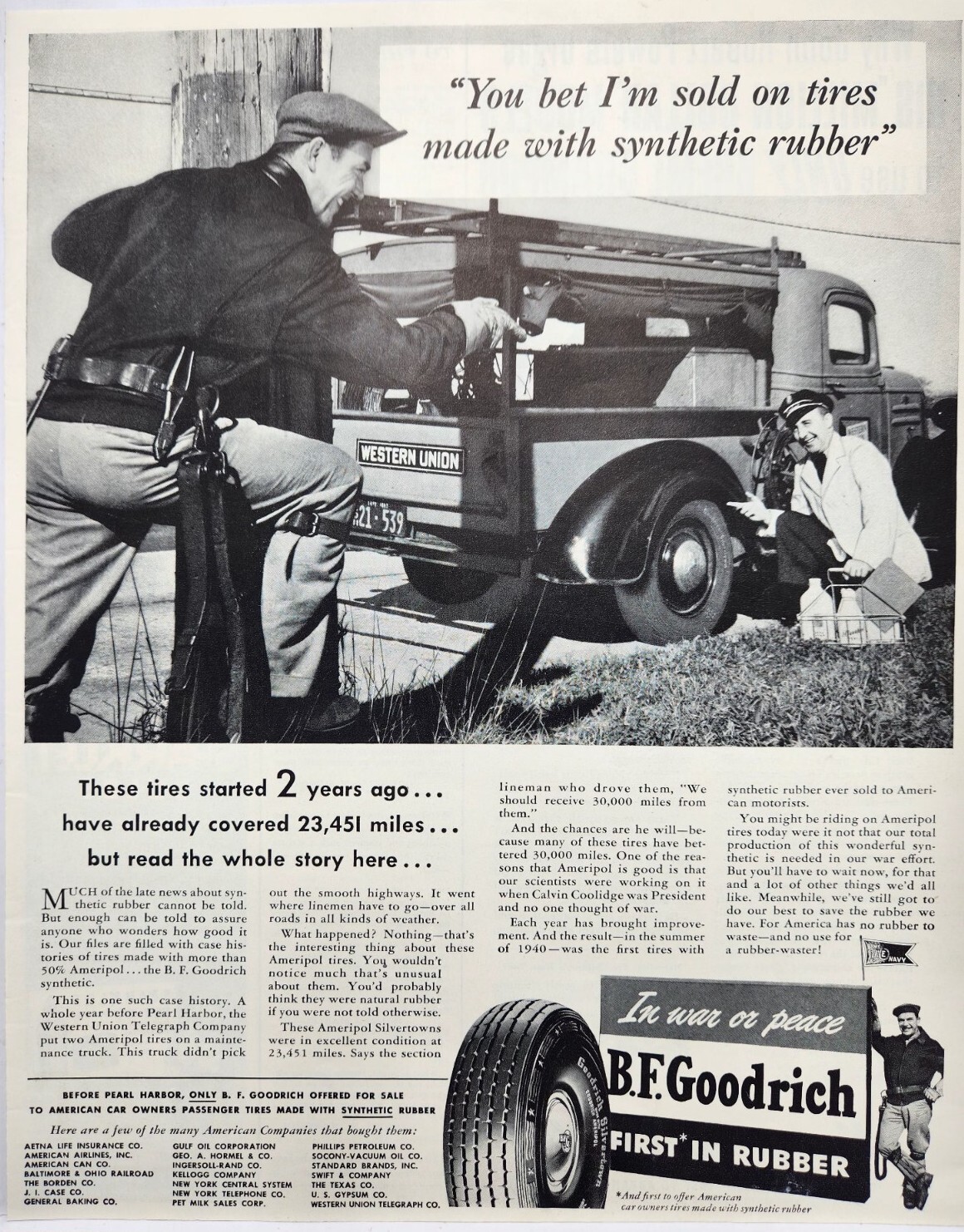 1943 BF Goodrich Tires Western Union Original WWII Era Print Ad Life Magazine