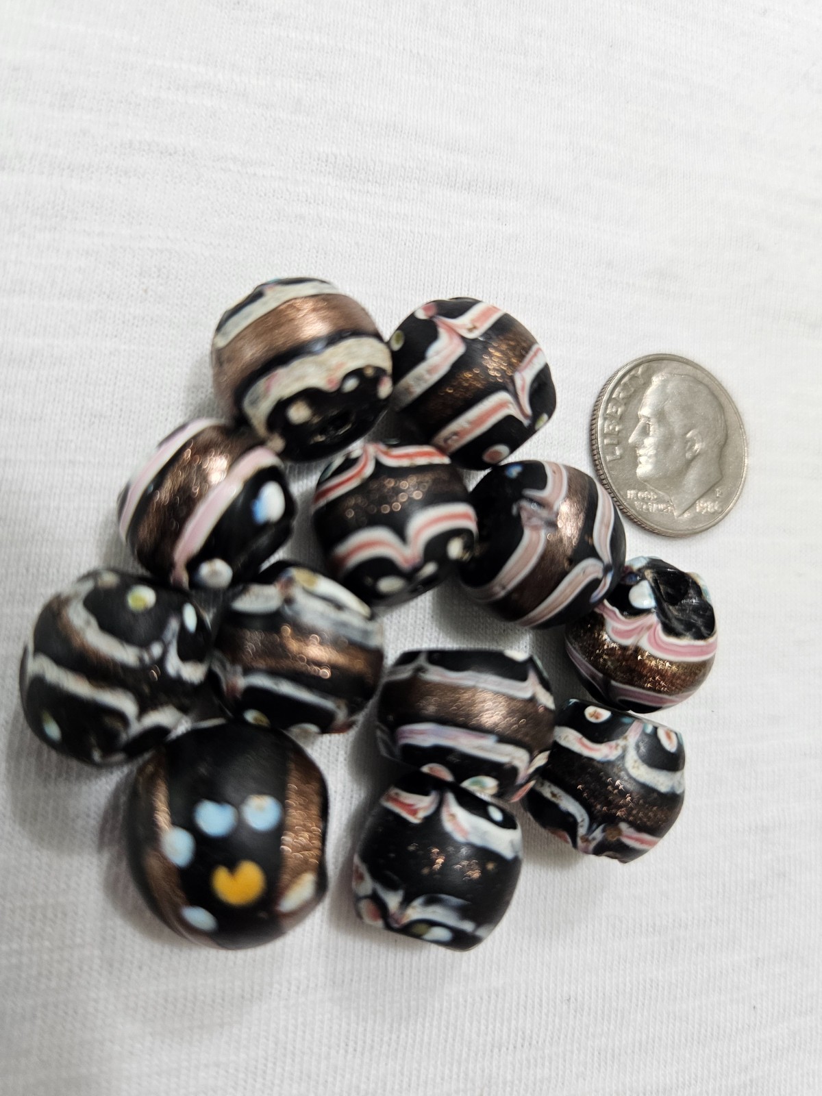 Antique Venetian French Ambassador Glass Beads Gold Dust Pink White Blue 12pc