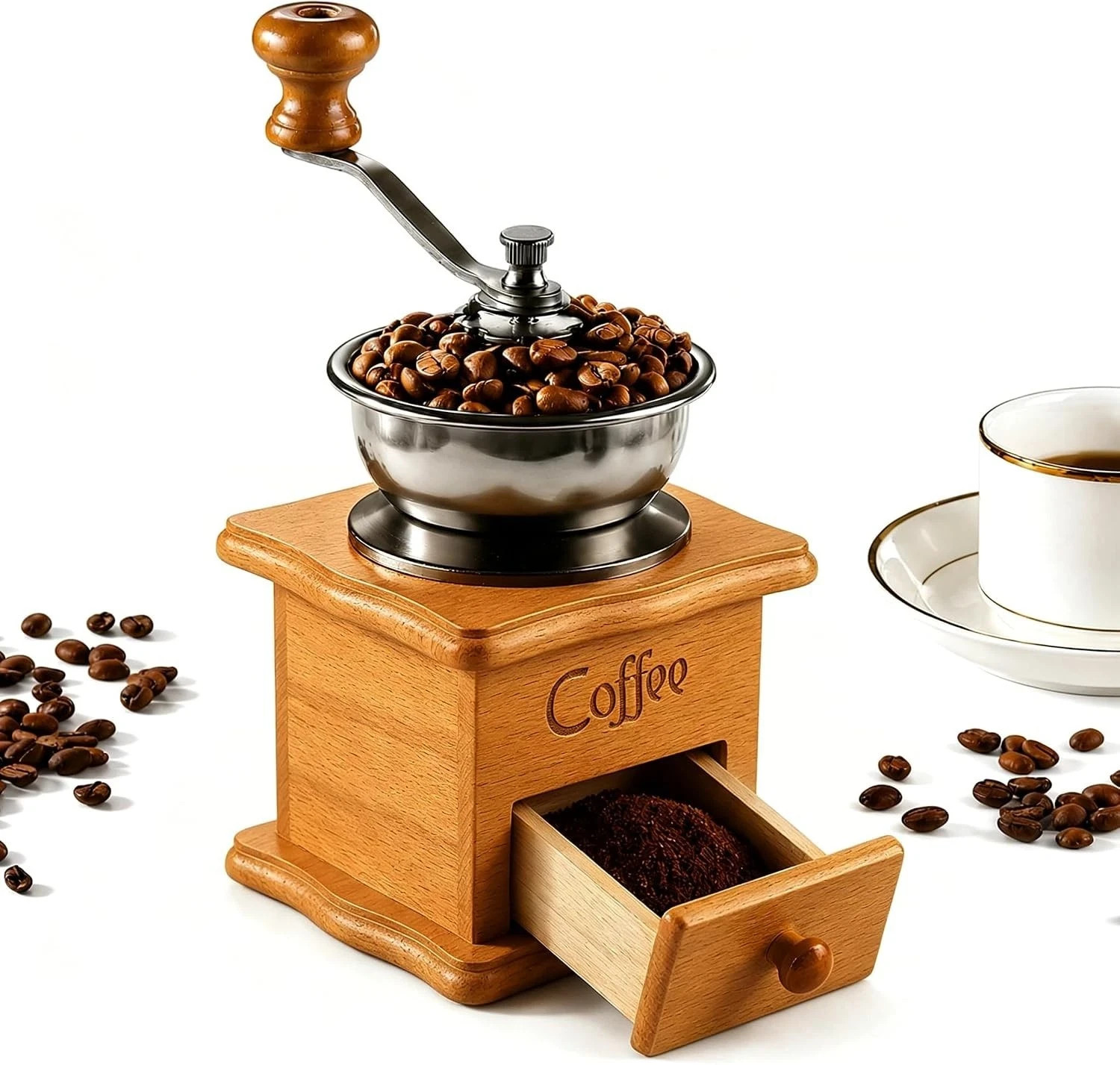 Manual Coffee Grinder Wood Vintage Antique Ceramic Hand Crank Coffee Mill