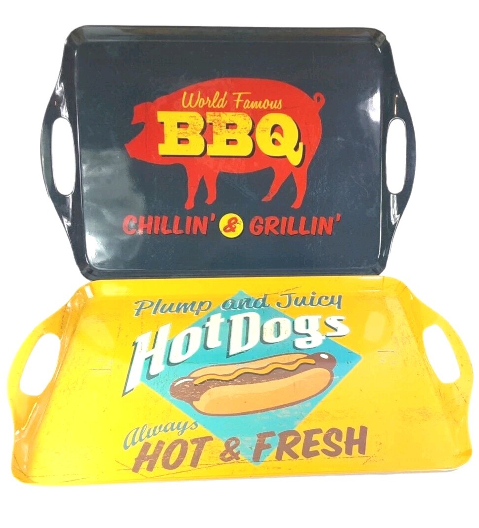 Vintage Serving Trays Handles Food Advertising Gibson Plastic Yellow Black Red