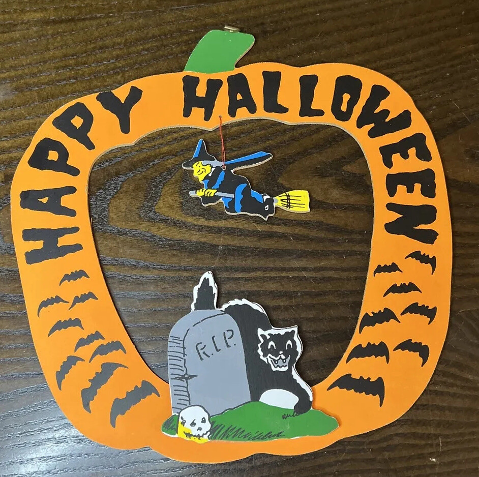 Vintage MSR Imports Wood Hanging Jack-O-Lantern Witch Cat Ghost Grave Decor 8”