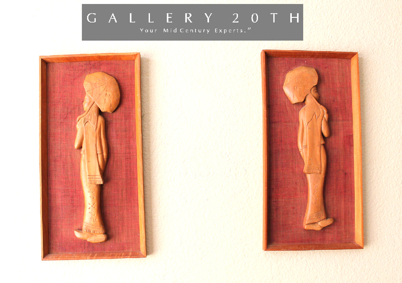 SUPERB PAIR ASIAN GIRLS MID CENTURY TEAK WALL ART VTG 50S WOOD SCULPTURES MCM