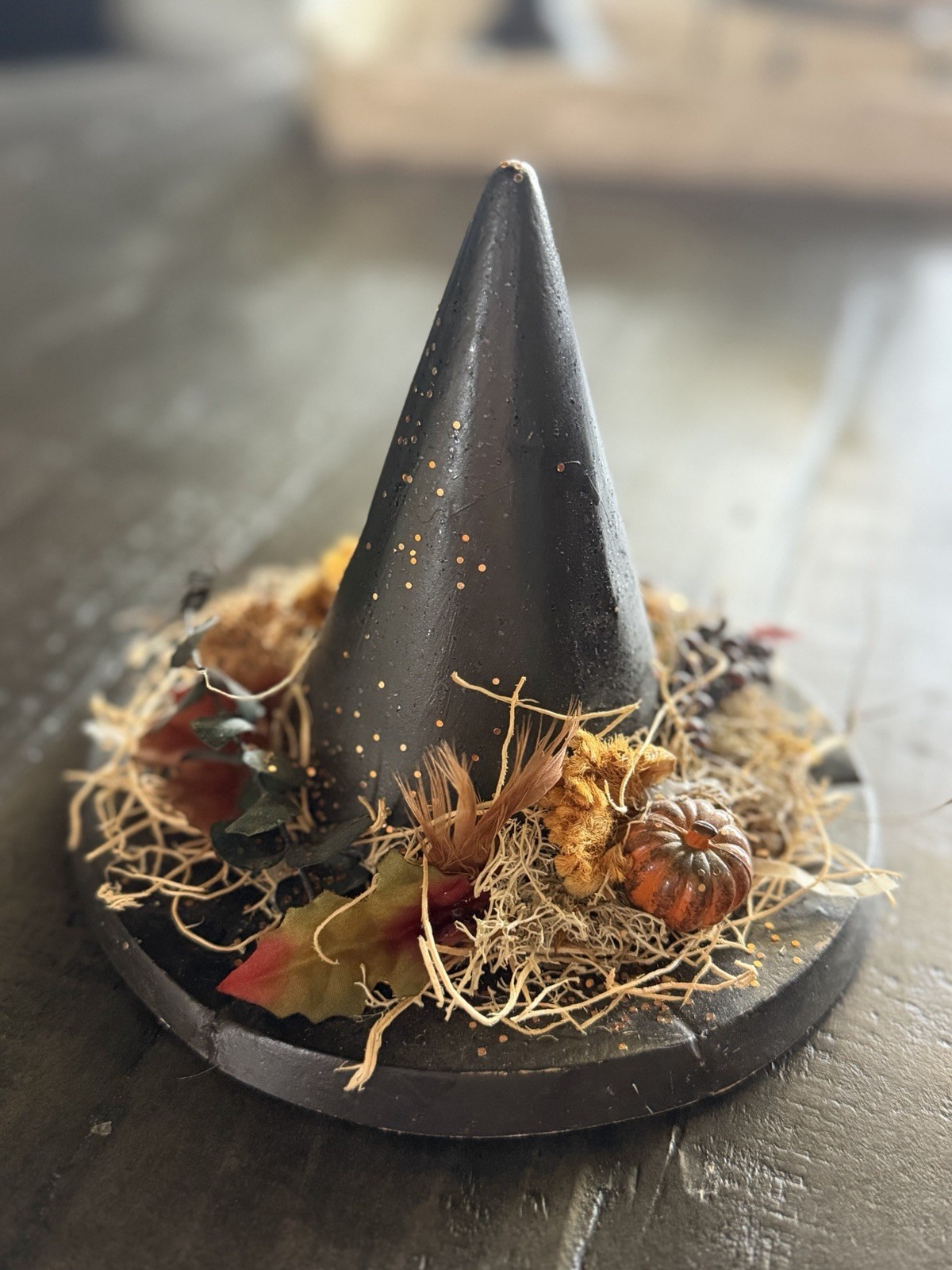 Signed Folk Art Witch Hat Display by Lea 1996 Primitive Halloween Decor Signed Folk Art Witch Hat Display by Lea 1996 Primitive Halloween Decor