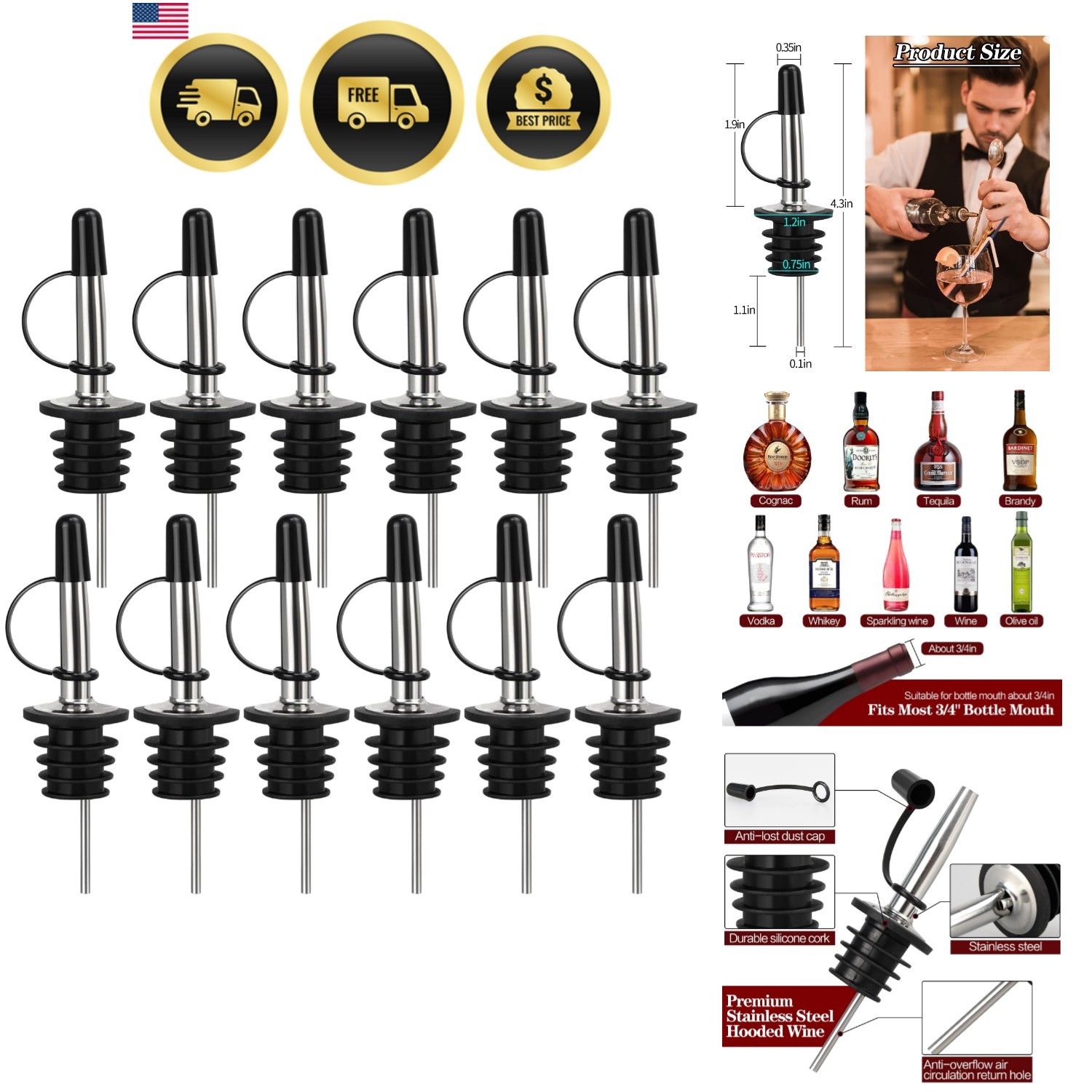 12/24/48/100 Pack Liquor Pour Spout, with Rubber Dust Cap