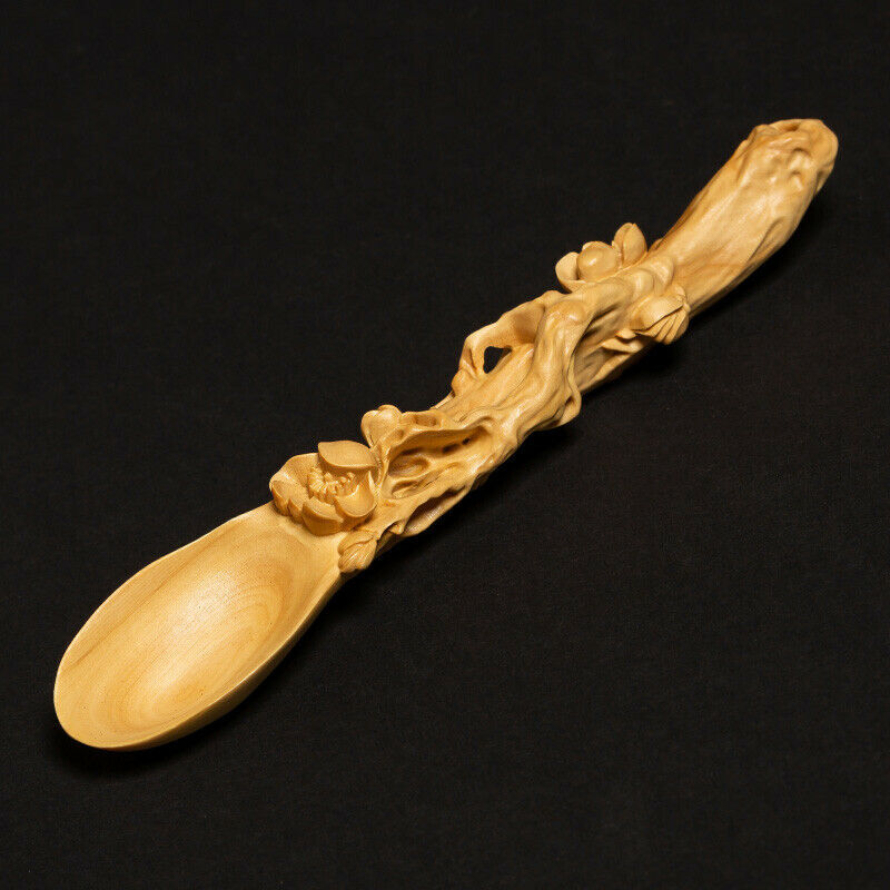 16 CM Long Carved Boxwood Carving Tea Scoop Spoon: Flower