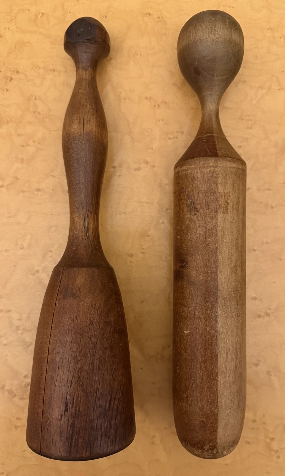Antique Solid One-Piece Wooden Kitchen Masher & Rolling Pin 1860-1890s