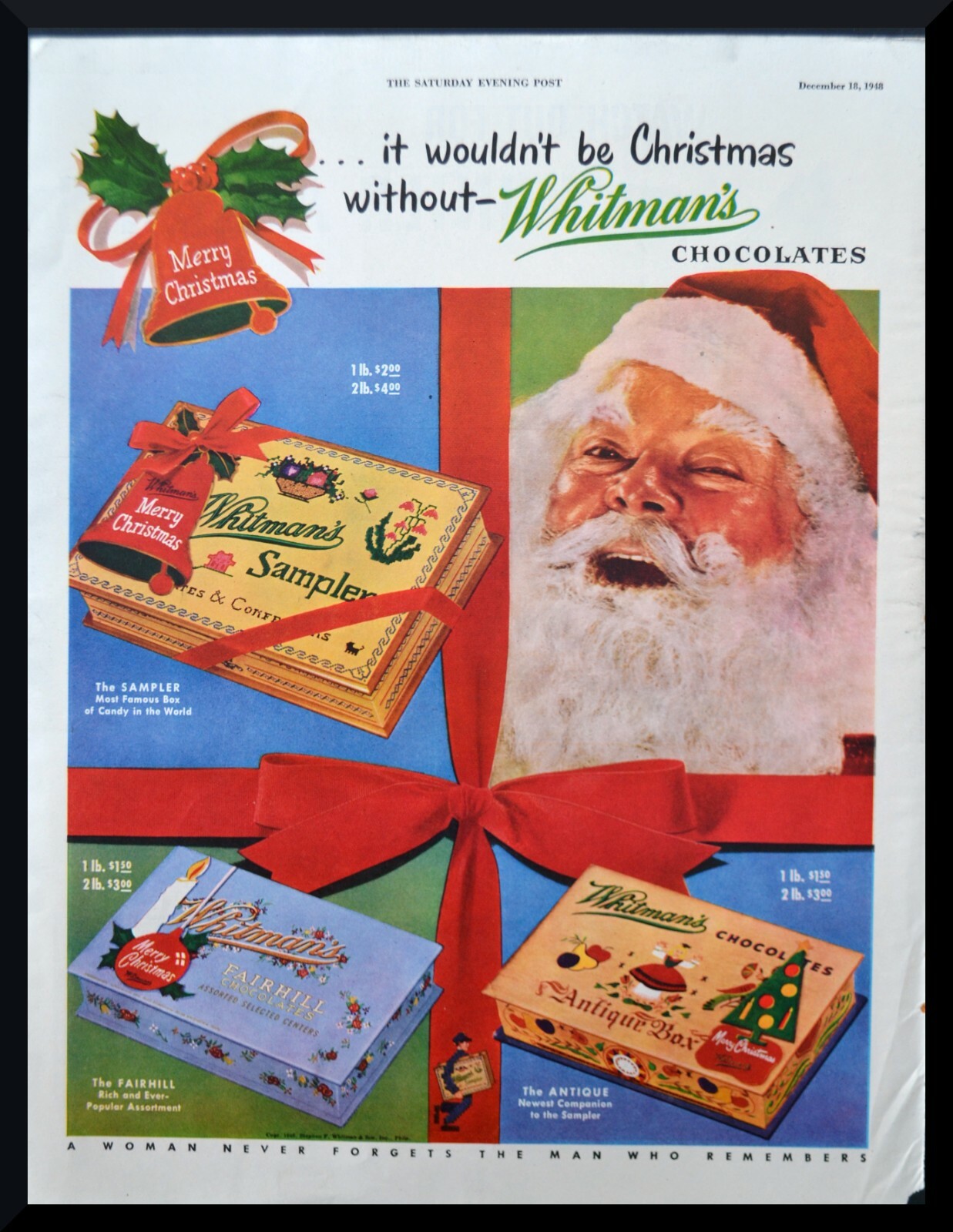 1948 WHITMAN's FAIRHILL CHOCOLATES Christmas Santa Clause vintage art print ad 1948 WHITMAN's FAIRHILL CHOCOLATES Christmas Santa Clause vintage art print ad