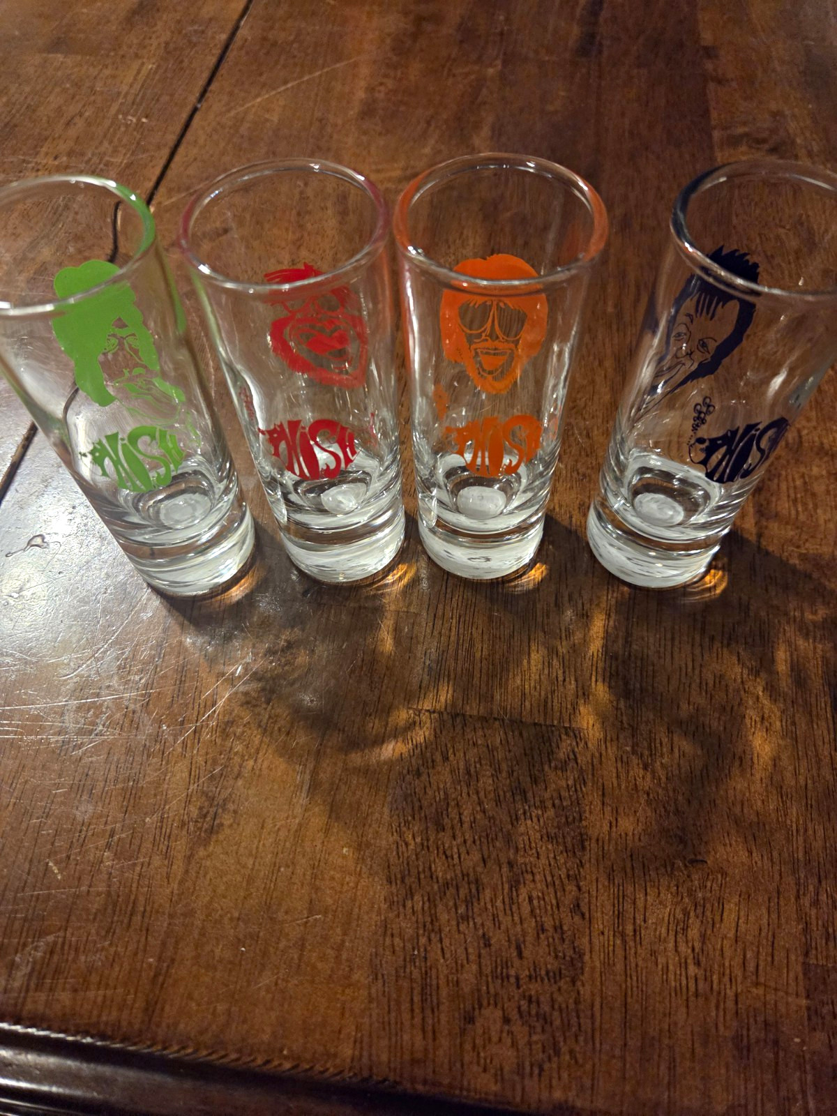 Set of 4 Clear Glass Shot Glasses Phish Designs Green Red Orange Blue FULL SET Set of 4 Clear Glass Shot Glasses Phish Designs Green Red Orange Blue FULL SET