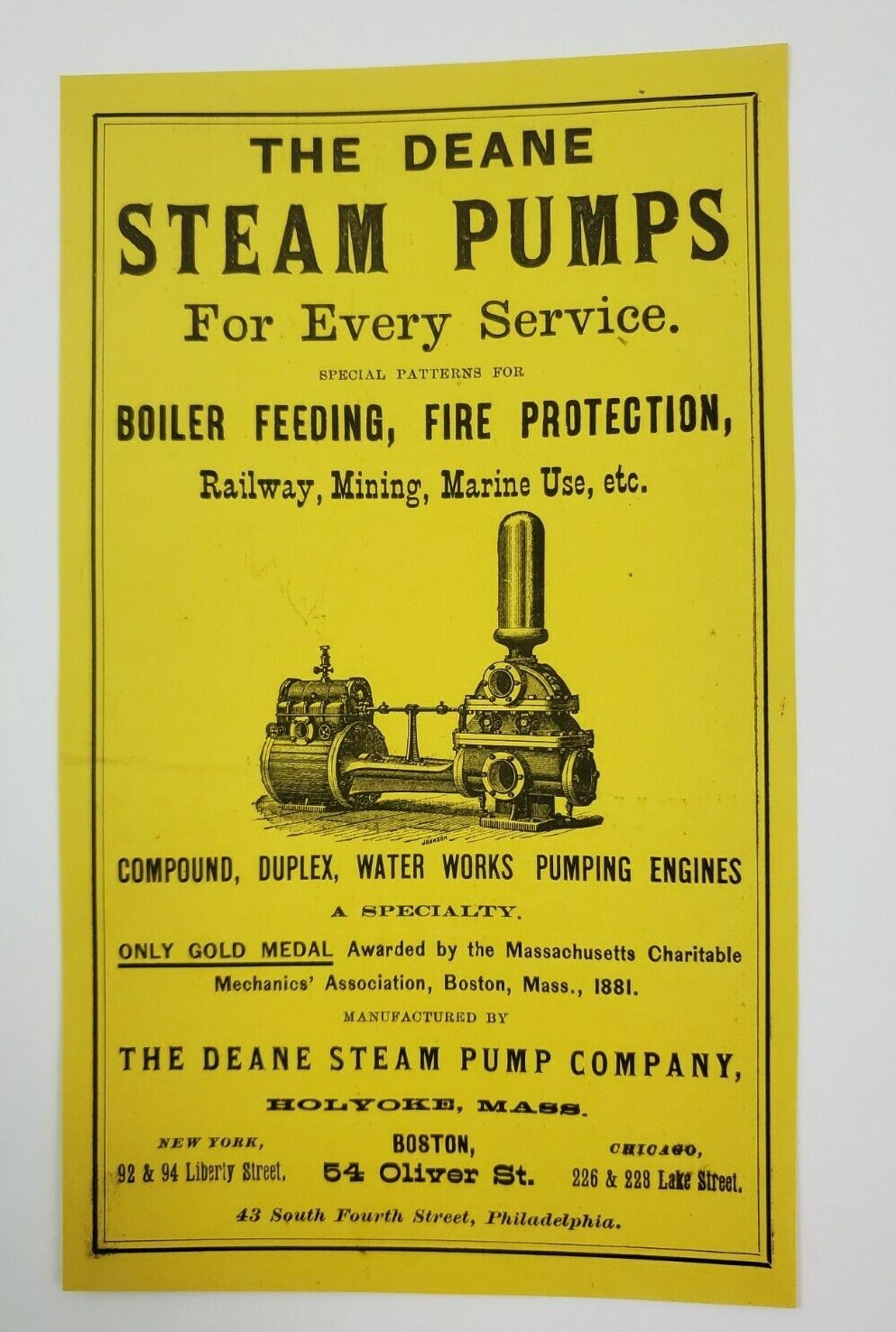 1882 Boston Massachusetts Print Advertisement Deane Steam Pump Lead Bride Little