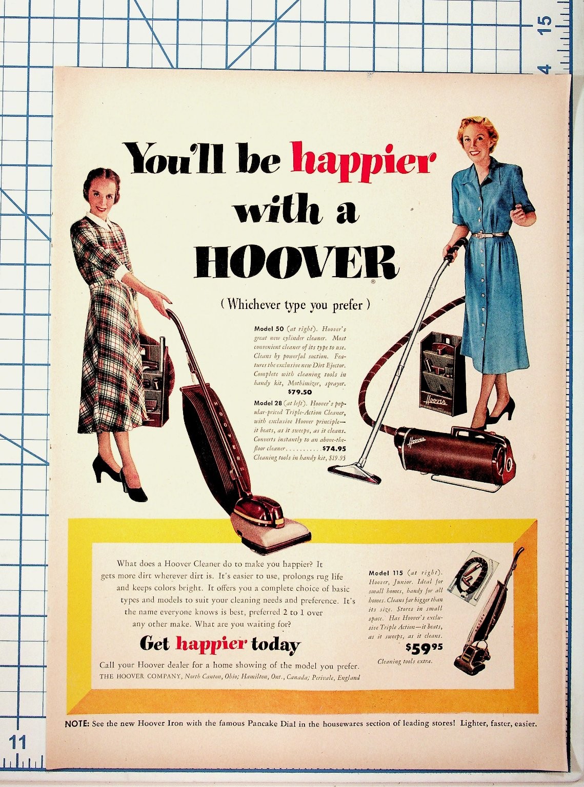 Vintage 1950s Hoover Vacuum Cleaner Ad - Models 28, 50, 115 - Ephemera