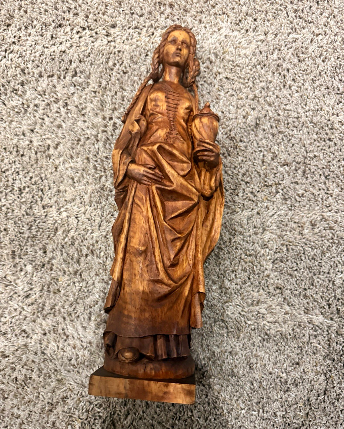 Antique Belgian Mechelen Carved Wood Saint Mary Magdalene Statue Urn Belgium