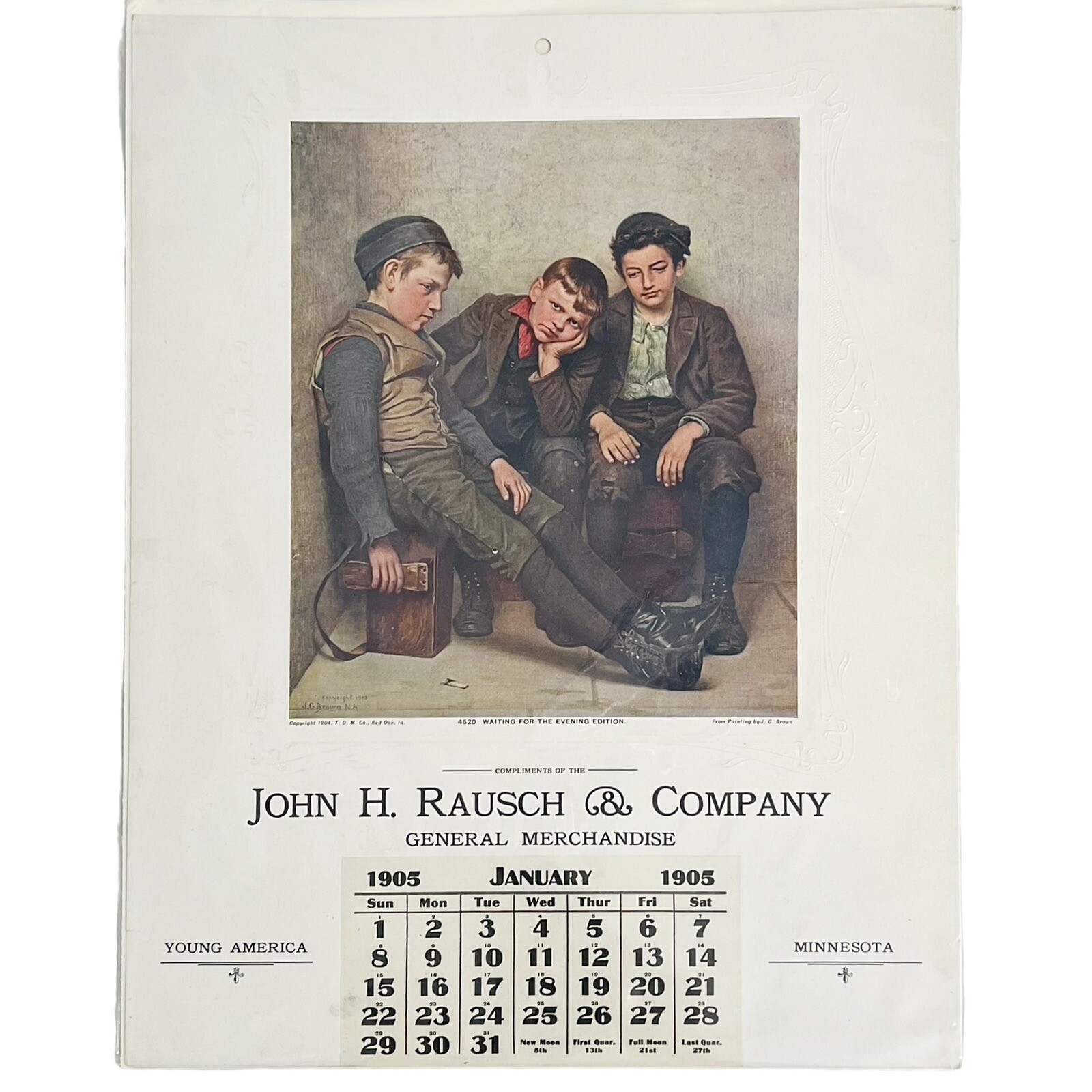 John H Rausch & Co Vintage 1905 T.D.M Art Calendar J G Brown Evening Edition