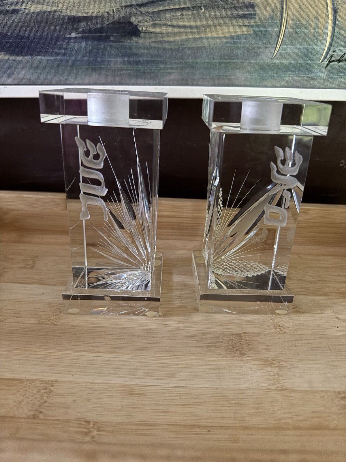 2 Handcrafted Heavy Lead Crystal Shabbat Candlestick Holders Engraved Judaica