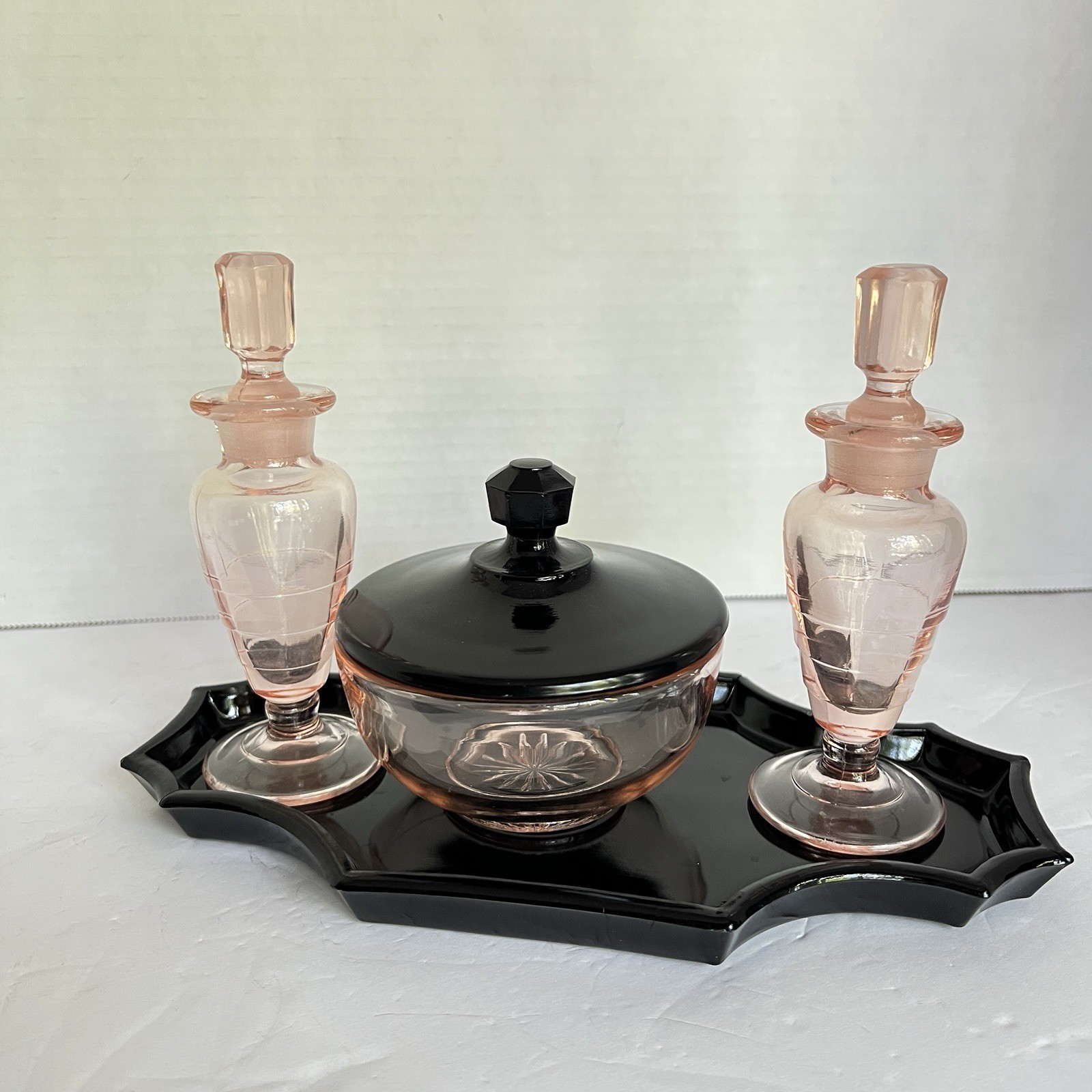 Vtg Art Deco Pink Black Glass Vanity Set 4 Pcs Tray Perfume Bottles Powder Jar