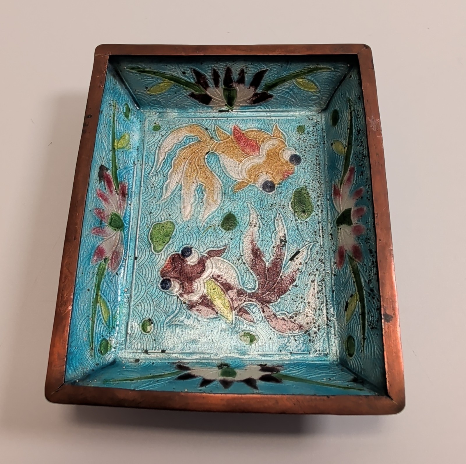 GOLDFISH vtg chinese enamel silver coin ring dish koi fish pond blue bowl flower