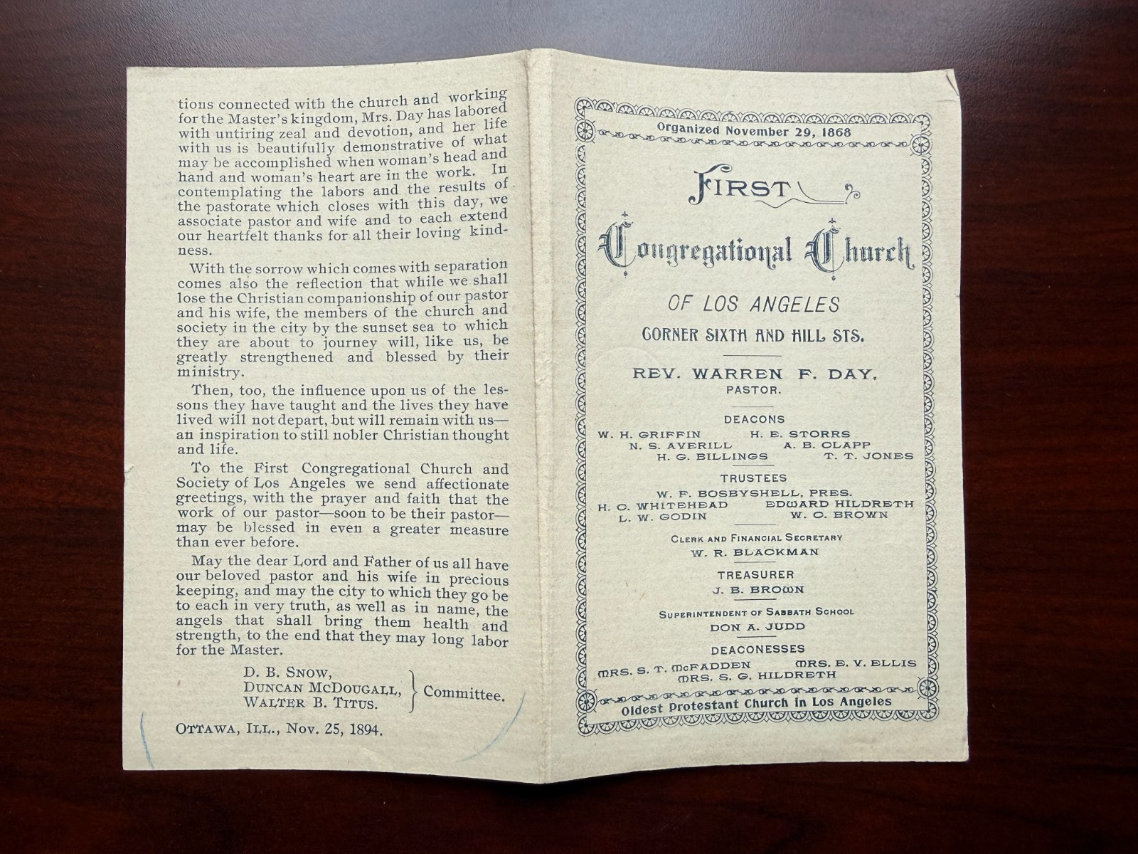 1894 First Congregational Church of Los Angeles, Calendar for Week Services
