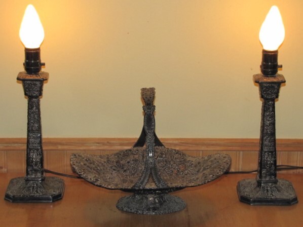 Antique Weidlich Bros. Dutch Repousse Candlestick Lamps & Barbour Brides Basket