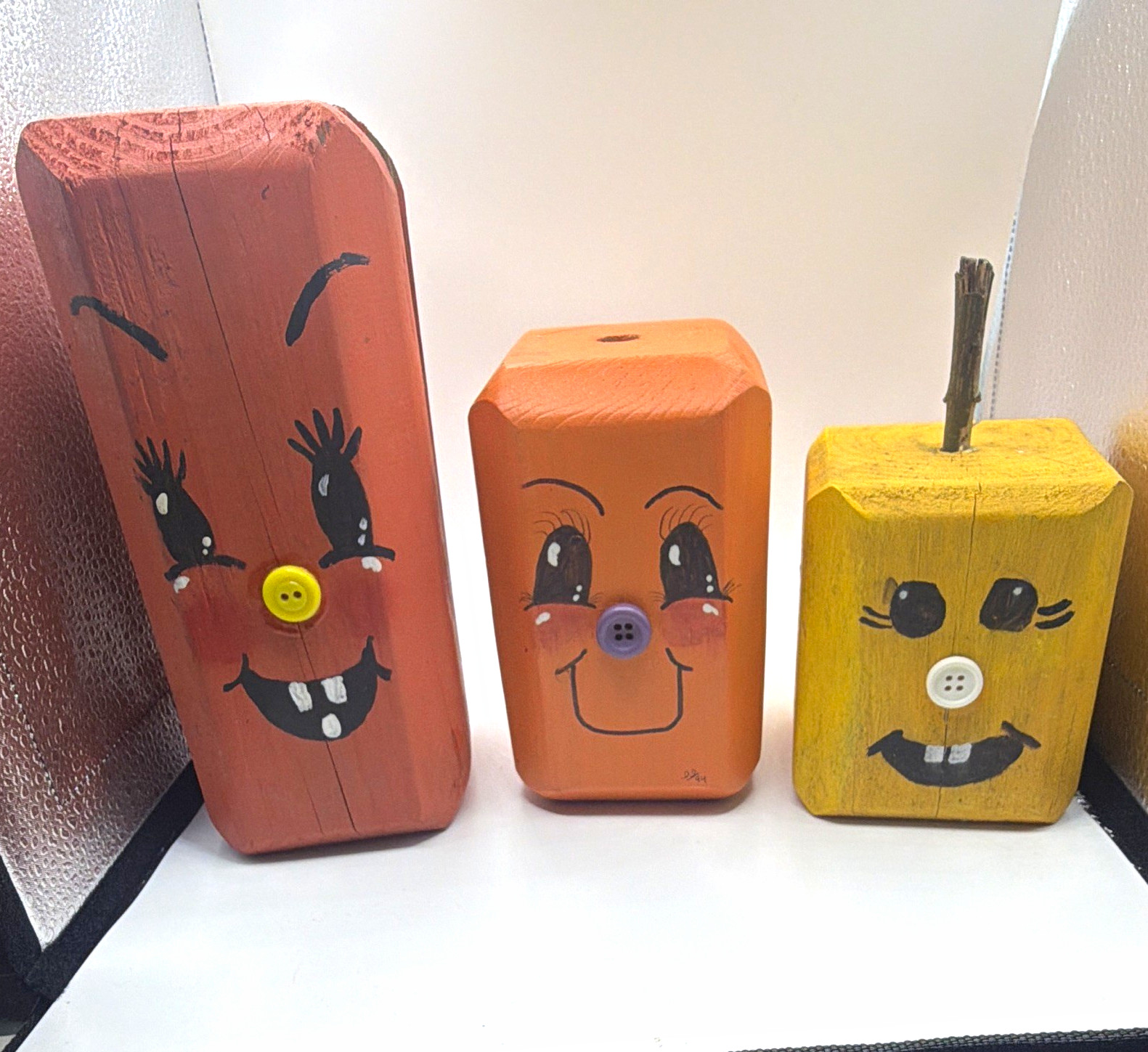 1994 Vintage Handmade Halloween Wooden Pumpkin Figures Set of 3 Primitive Folk