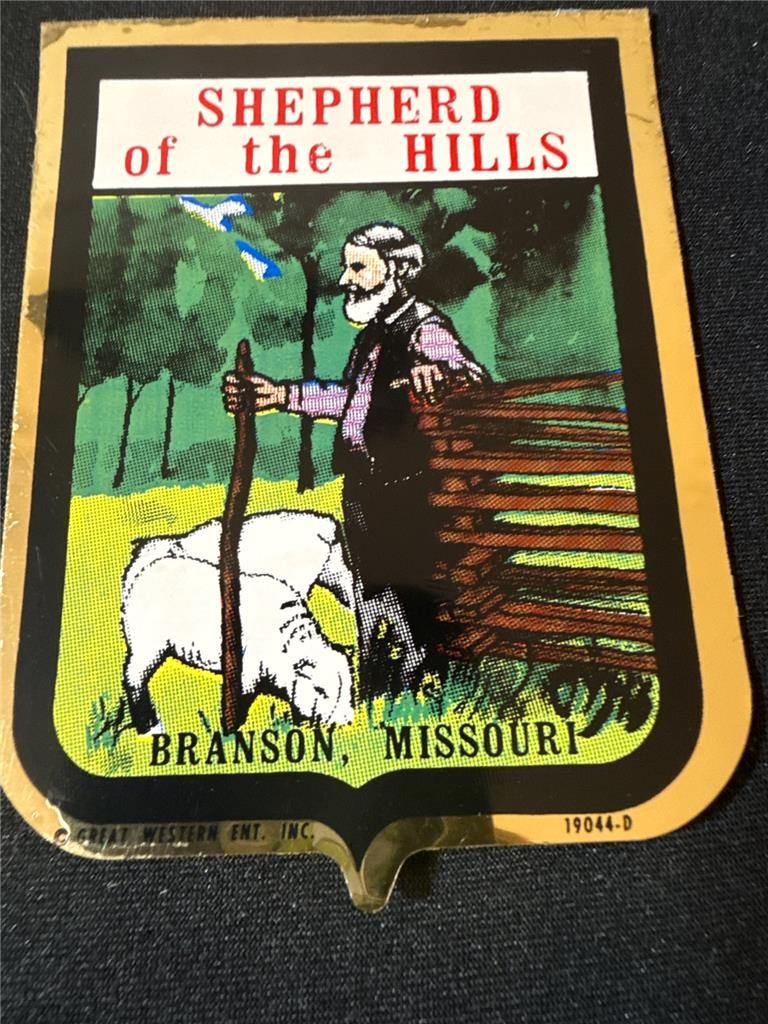 VINTAGE BRANSON MISSOURI SHEPHERD HILLS GOLD MYLAR CHROME EMBLEM STICKER DECAL