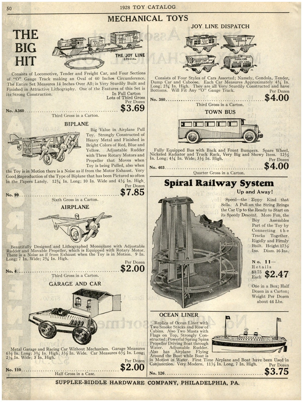 1928 PAPER AD Joy Line Mechanical Toy Train Airplane Biplane Spiral Railway Bus