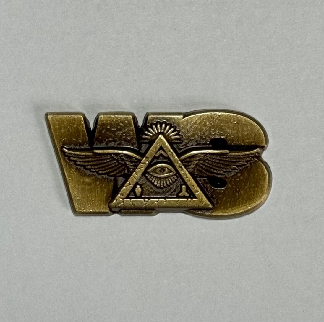 Widows Sons lapel pin WS with Winged Pyramid 1.25” in antique gold