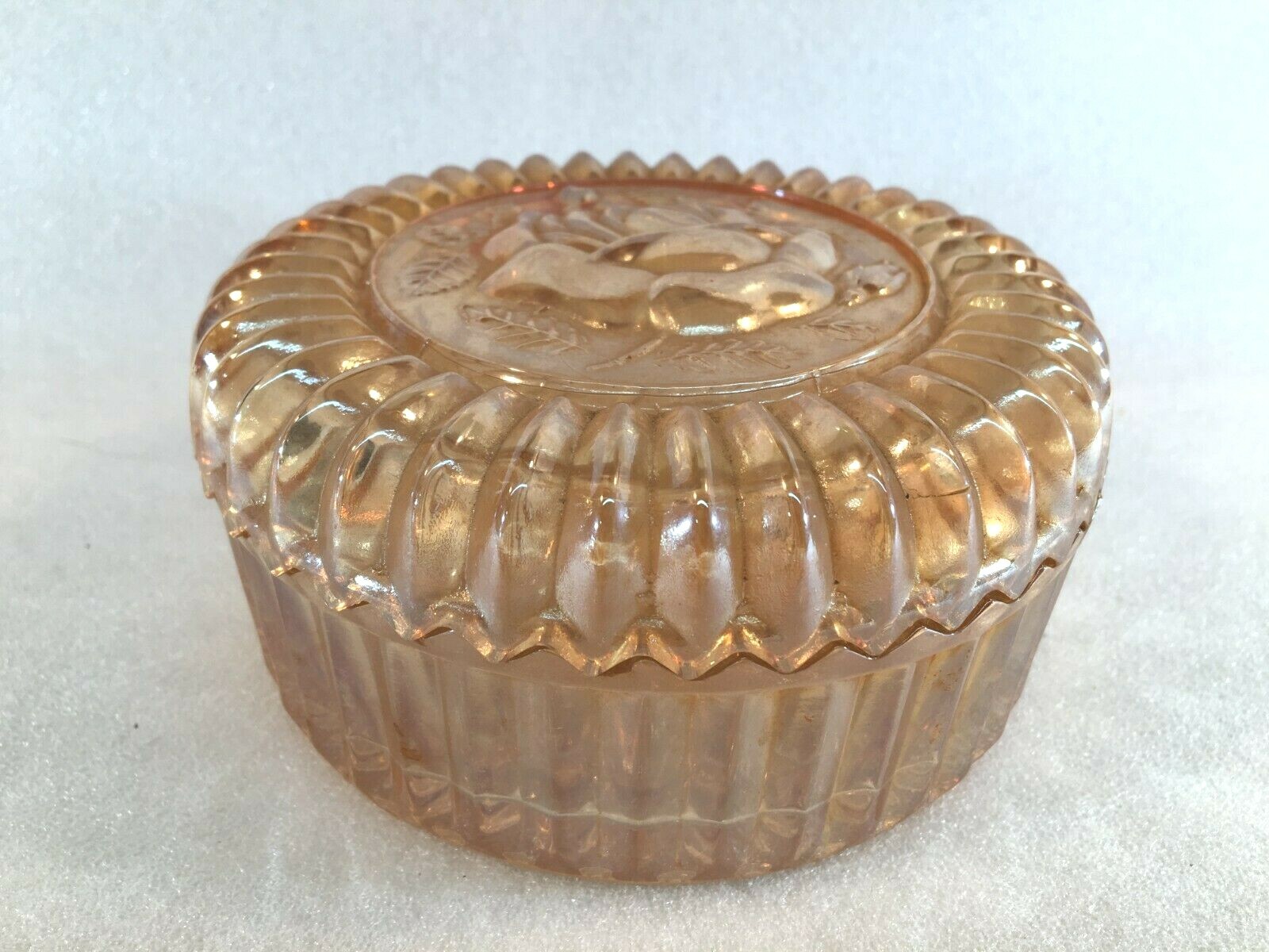 Vintage Peach Glass Covered Powder Jar/Candy Dish Embossed Rose