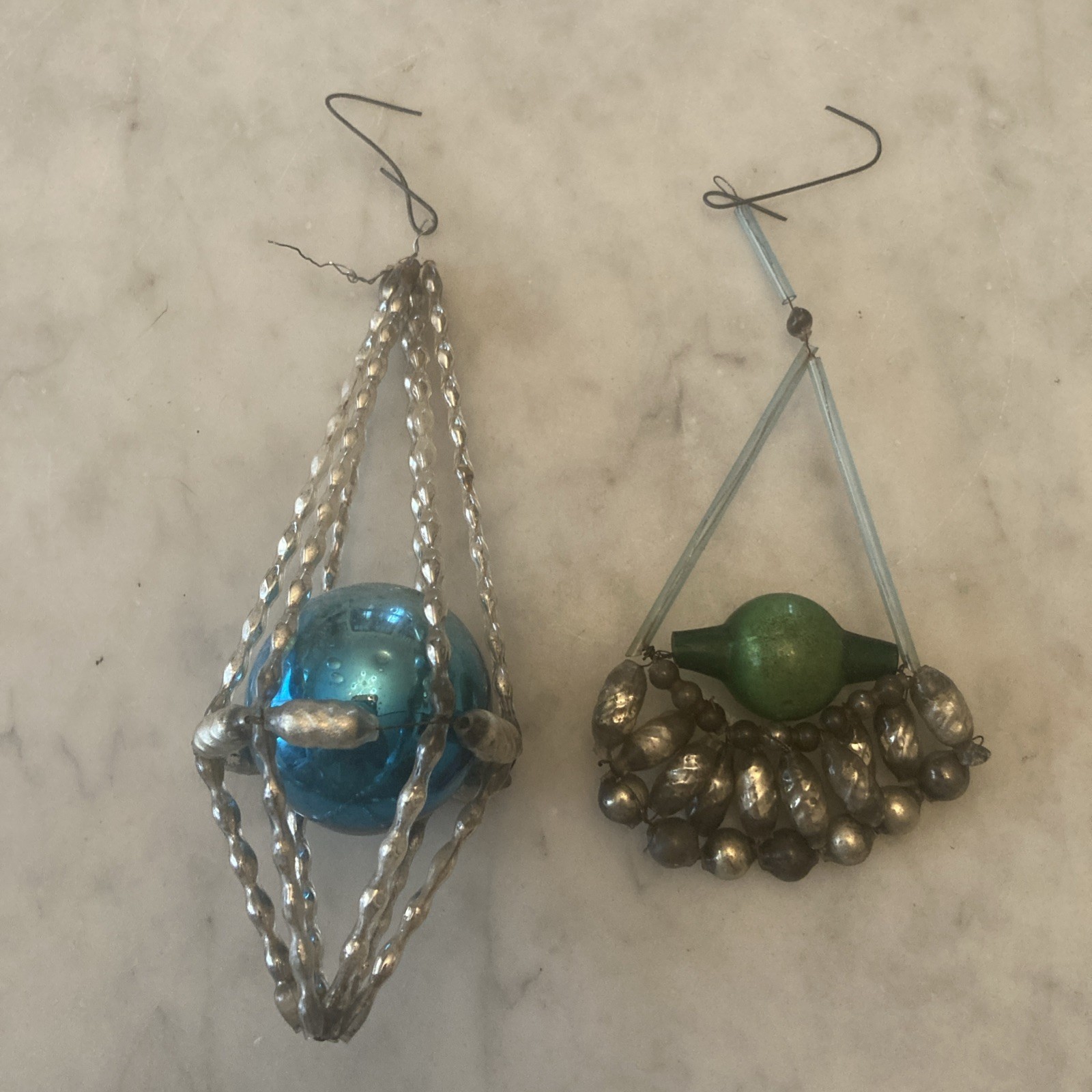 Antique 1930s 2-Czech Beaded Gablonz Mercury Glass Star Christmas Ornaments