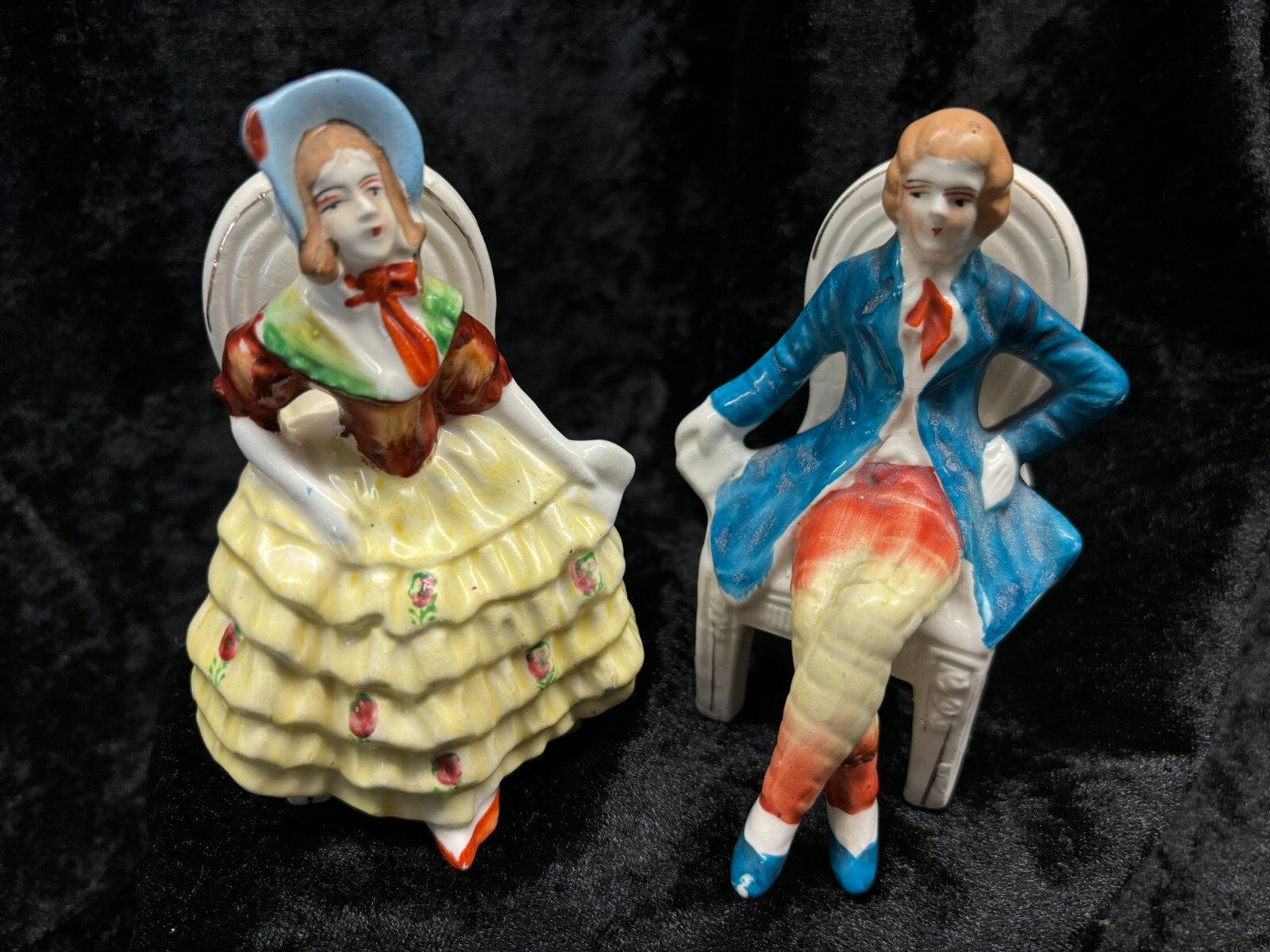 Colonial Couple Porcelain Figurines Sitting on Chairs Yellow Dress