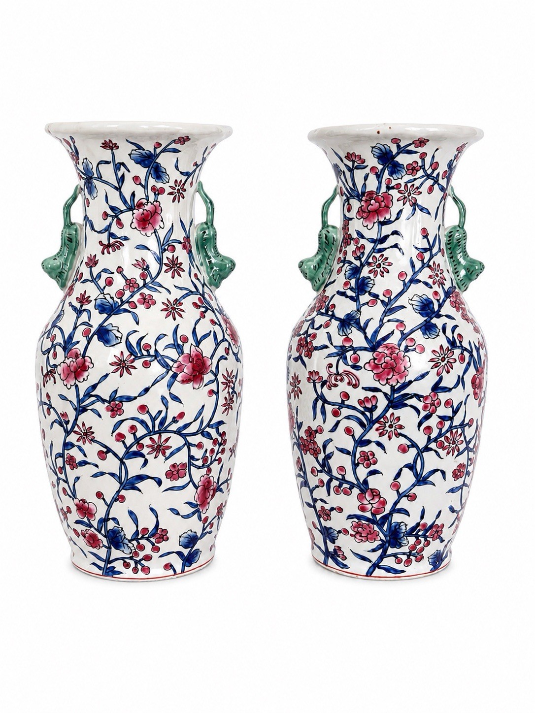 Pair Early 20th C Famille Rose Blue Rusty Red Floral Vine 10” Vases Cat Handles