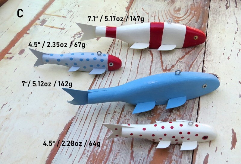 4 Folk Art Handmade/Painted Wood Fish Decoys Spearing/Ice Fishing Weighted (C)