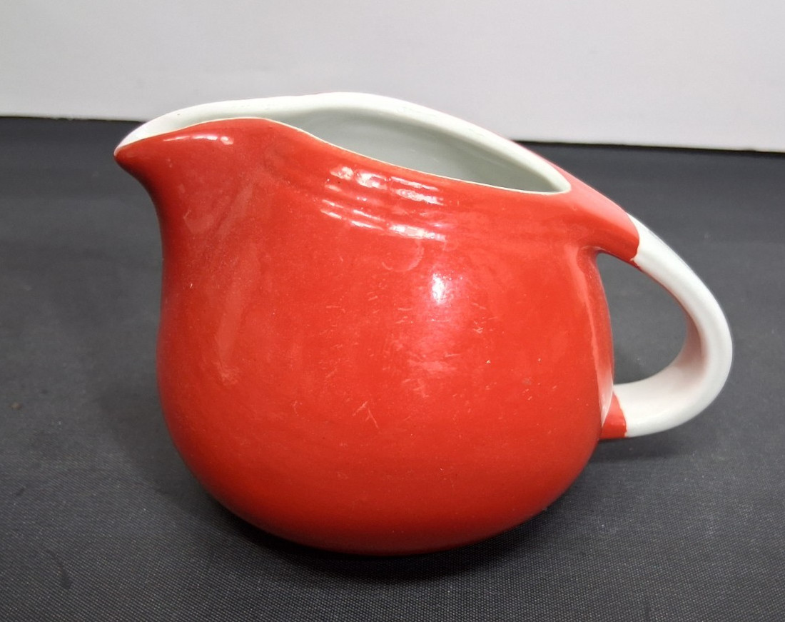 Hall’s Superior Quality Kitchenware Red Creamer Ceramic White Handle Made in USA