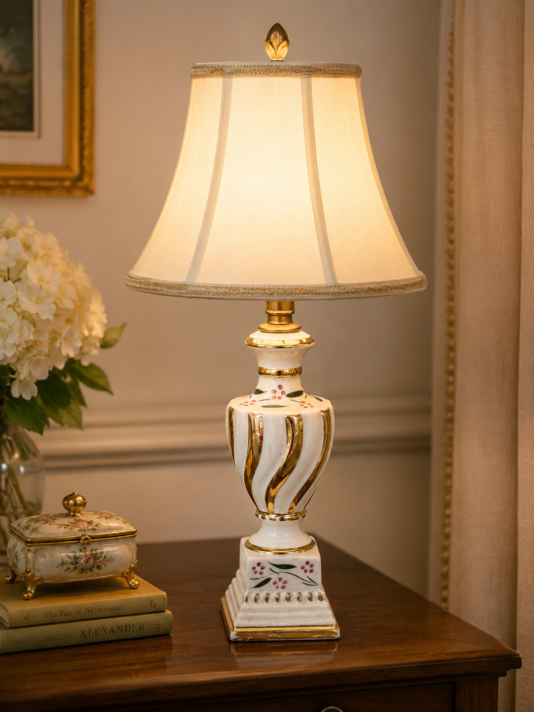 Vintage Devereaux Porcelain Boudoir Table Lamp 22K Gold Floral Rewired Tested