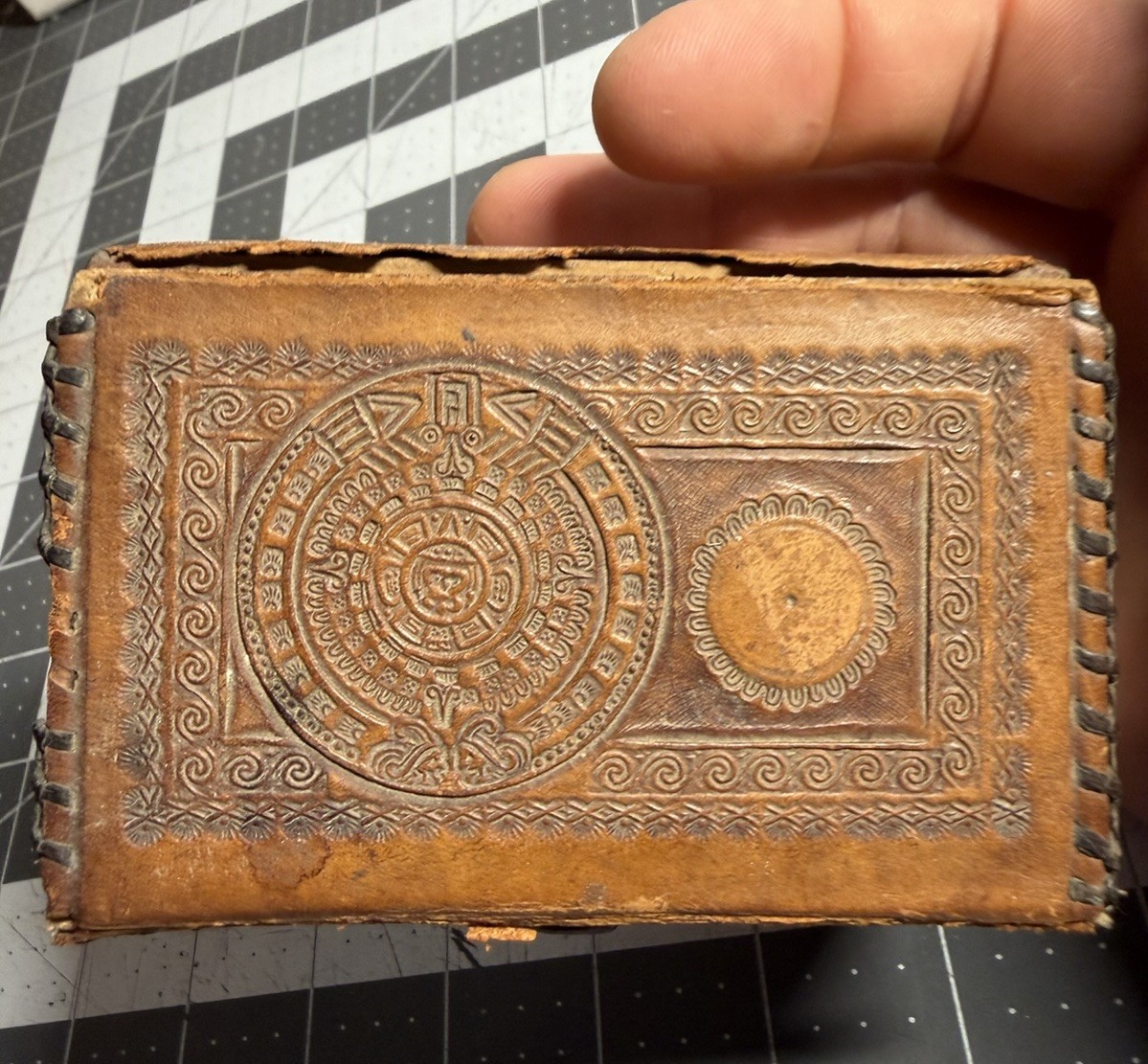 vintage Mexican hand-tooled leather box embossed Aztec sun stone calendar