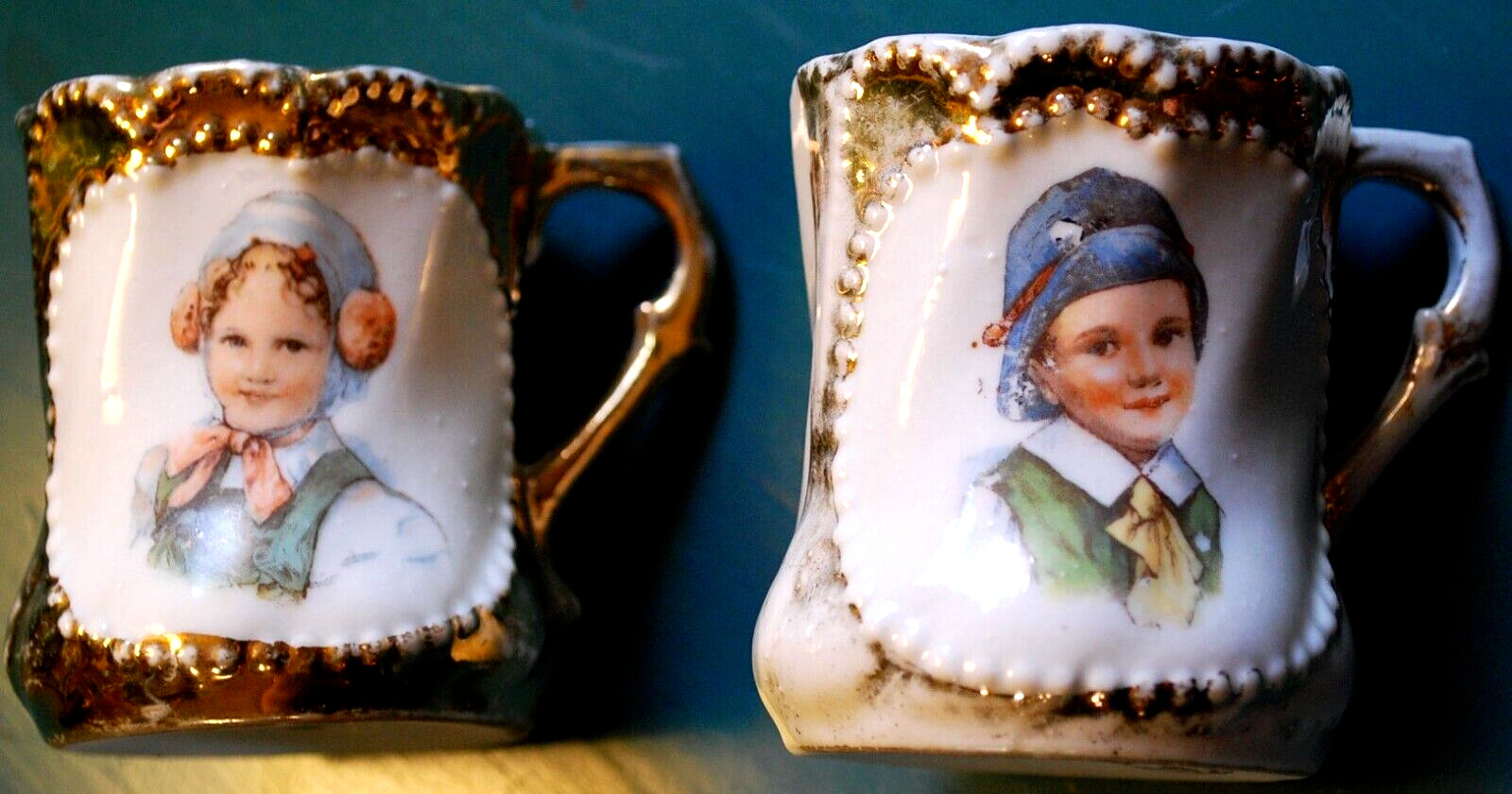 Set 2 Antique VICTORIAN PORCELAIN CHILDRENS MUGS c1880s GIRL\'S PORTRAITS w Gold