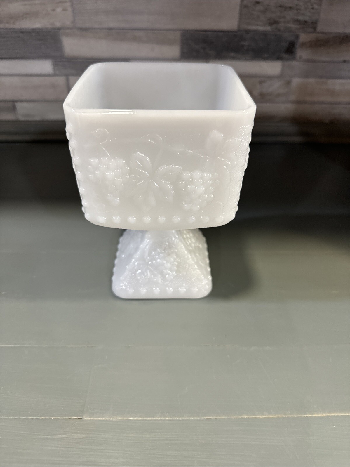 Milk Glass Square Pedestal Dish/Compote w/ Grape Design VTG