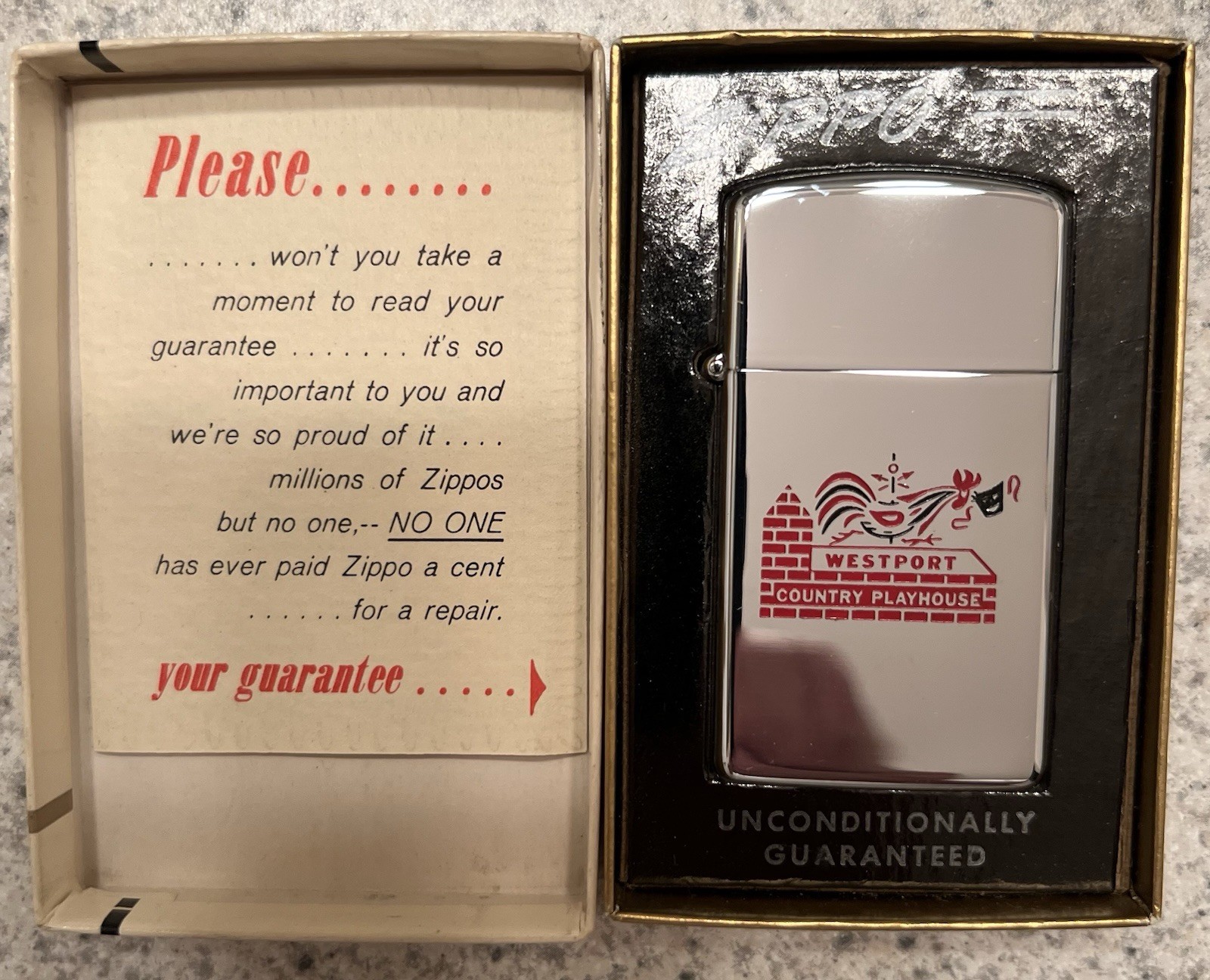 1964 Zippo Slim Westport Country Playhouse Advertising Lighter Unfired Box