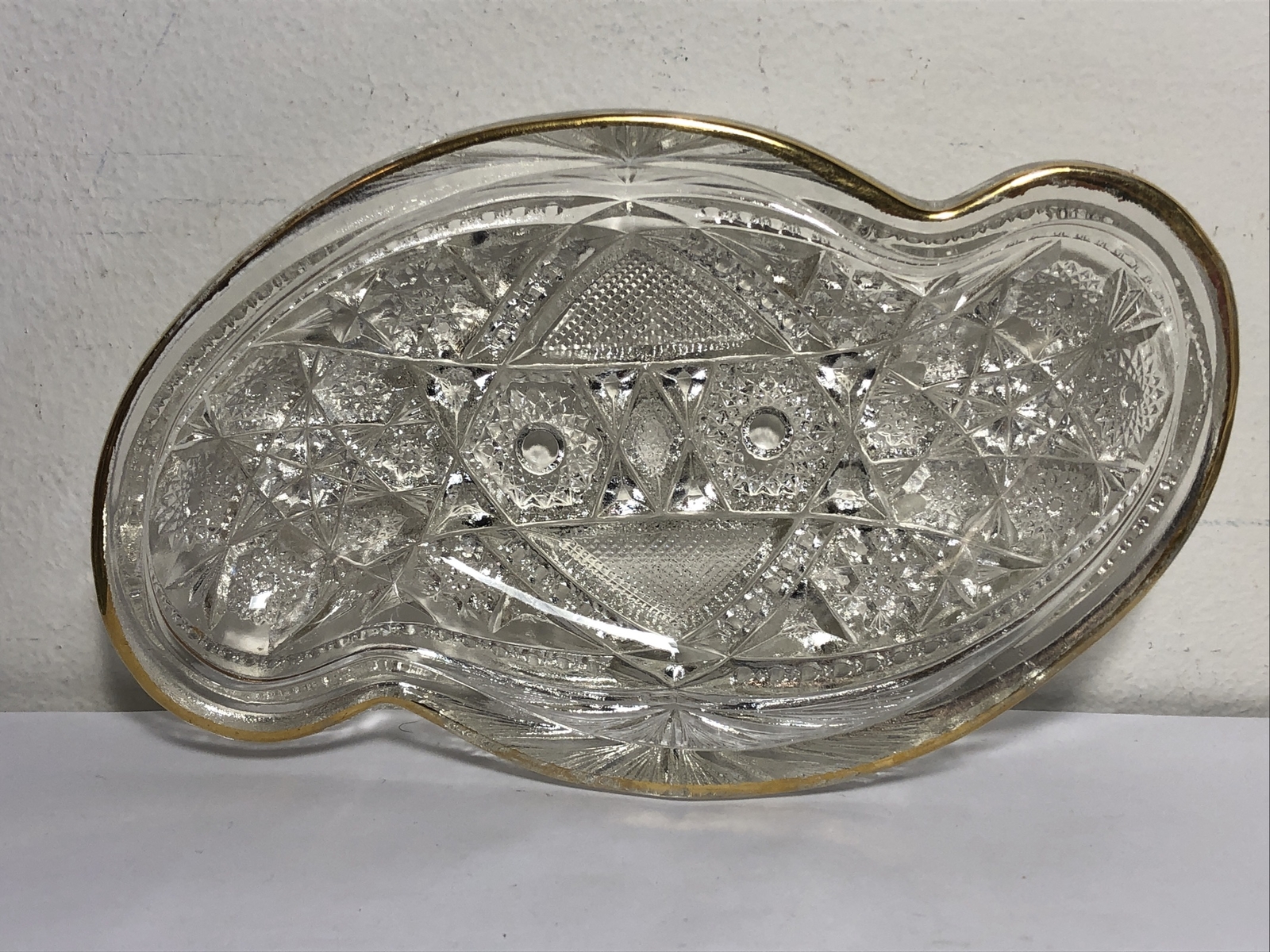 Vintage Abstract Crystal Bowl Candy Dish Gold Trimmed 4-1/2”x 7-1/2”x 1-1/8”