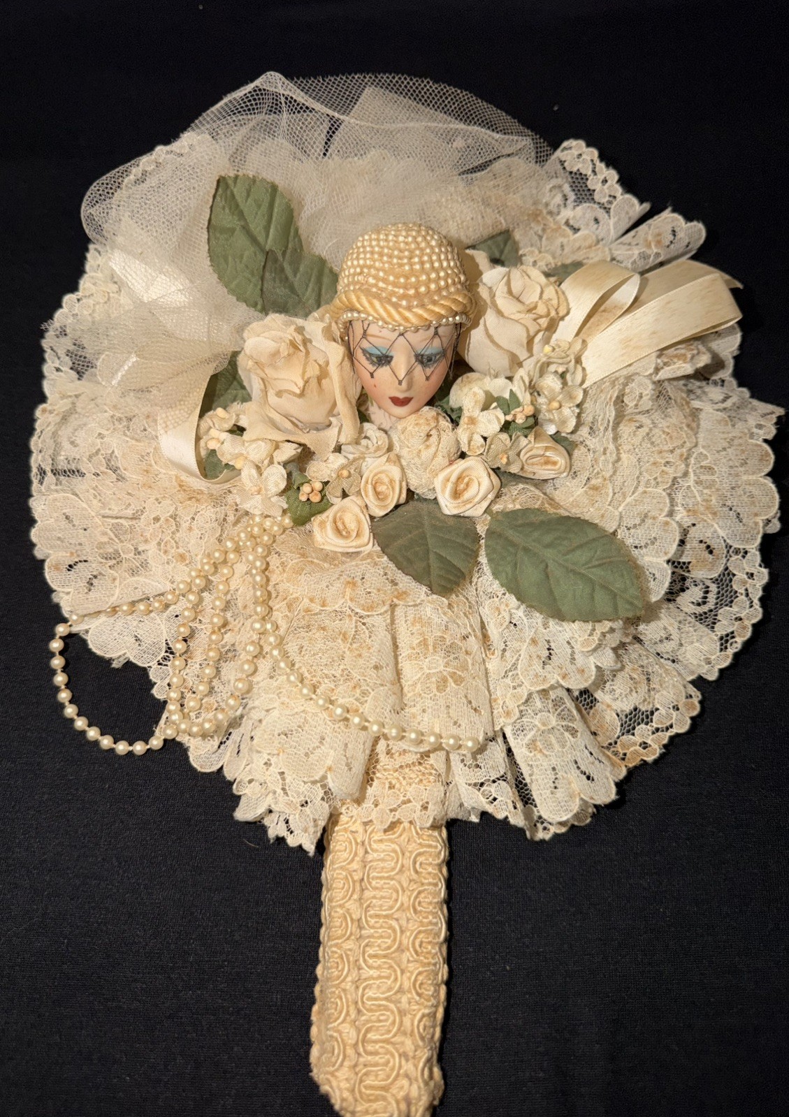 Vintage Art Deco Flapper Lady Face Hand Mirror Custom Lace Faux Pearls Ribbon